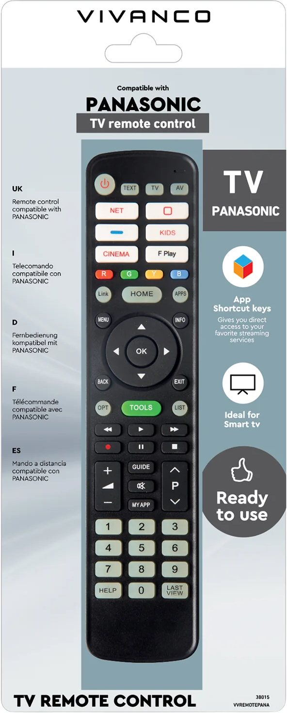 Ein schwarzer Panasonic TV-Fernbedienungs-Controller mit vielen Tasten und Symbolen.