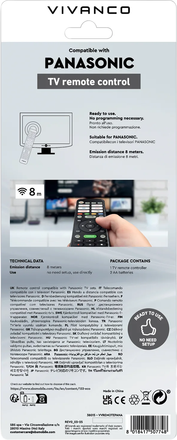 VIVANCO TV-Fernbedienung, kompatibel mit Panasonic, Reichweite 8m.