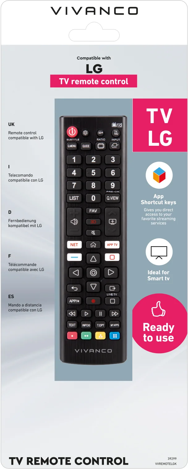 VIVANCO LG TV Fernbedienung mit App-Tasten und Smart-TV-Funktionen.