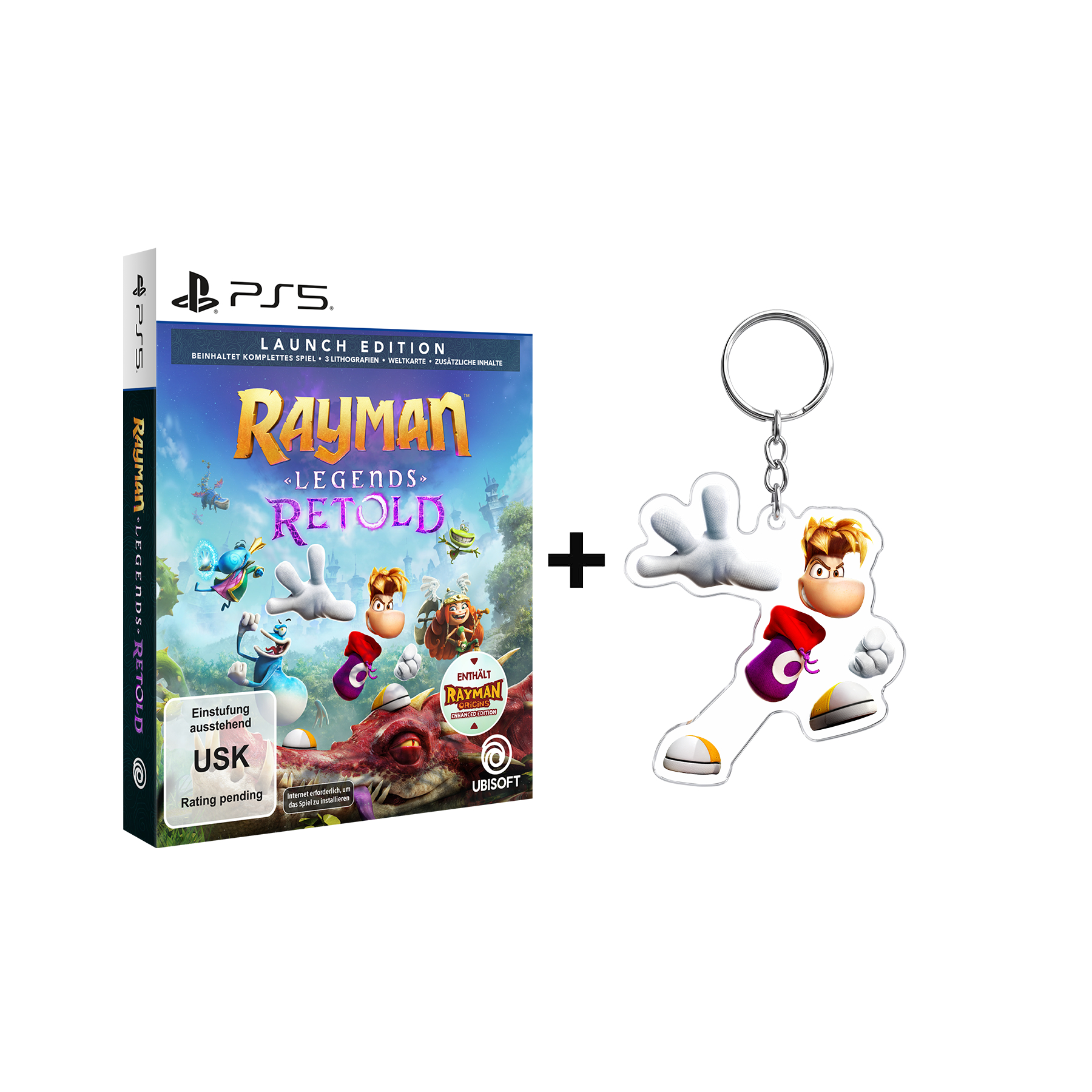 PS5 Spiel "Rayman Legends Retold" Launch Edition mit Schlüsselanhänger.