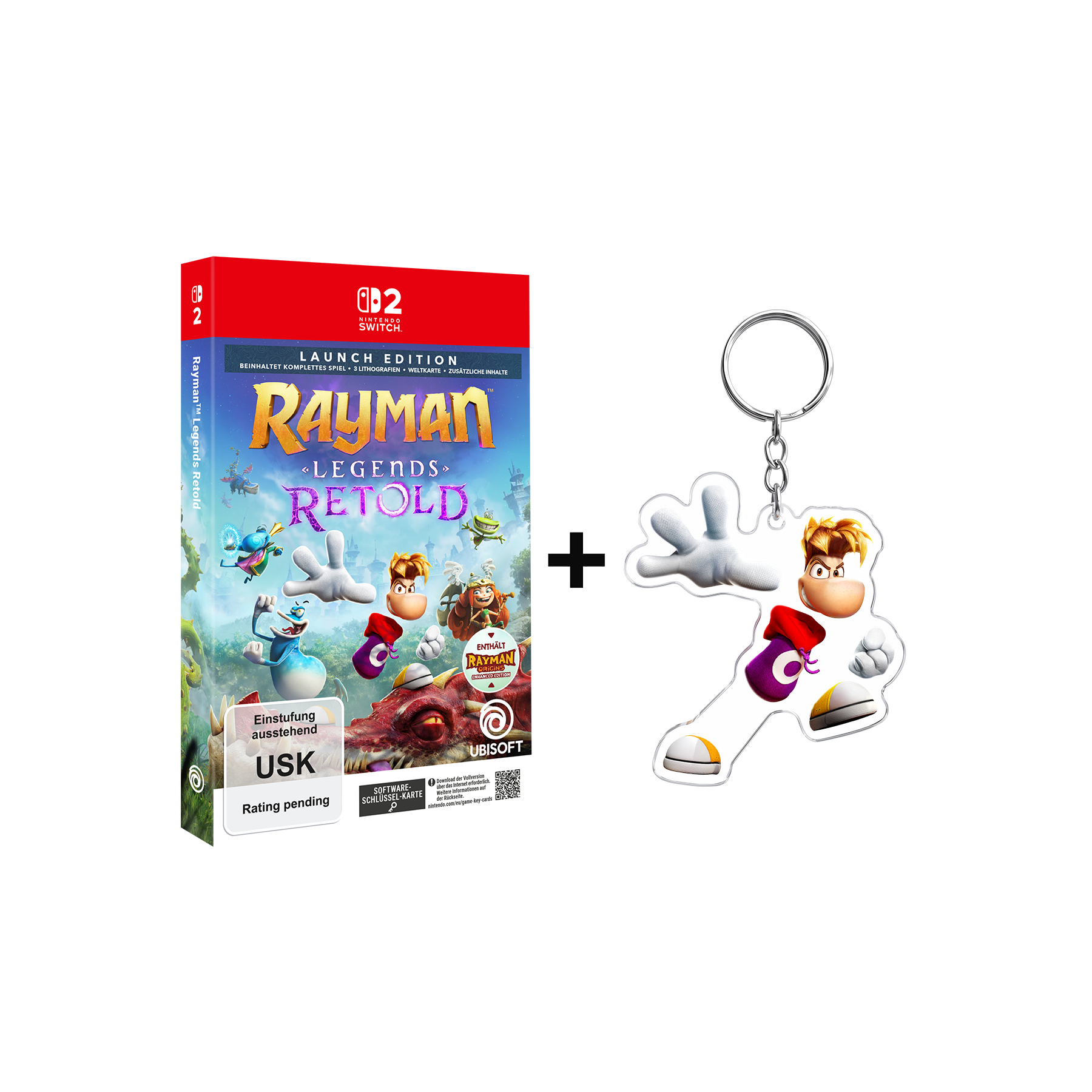 Nintendo Switch Spielcover von Rayman Legends Retold mit Schlüsselanhänger.