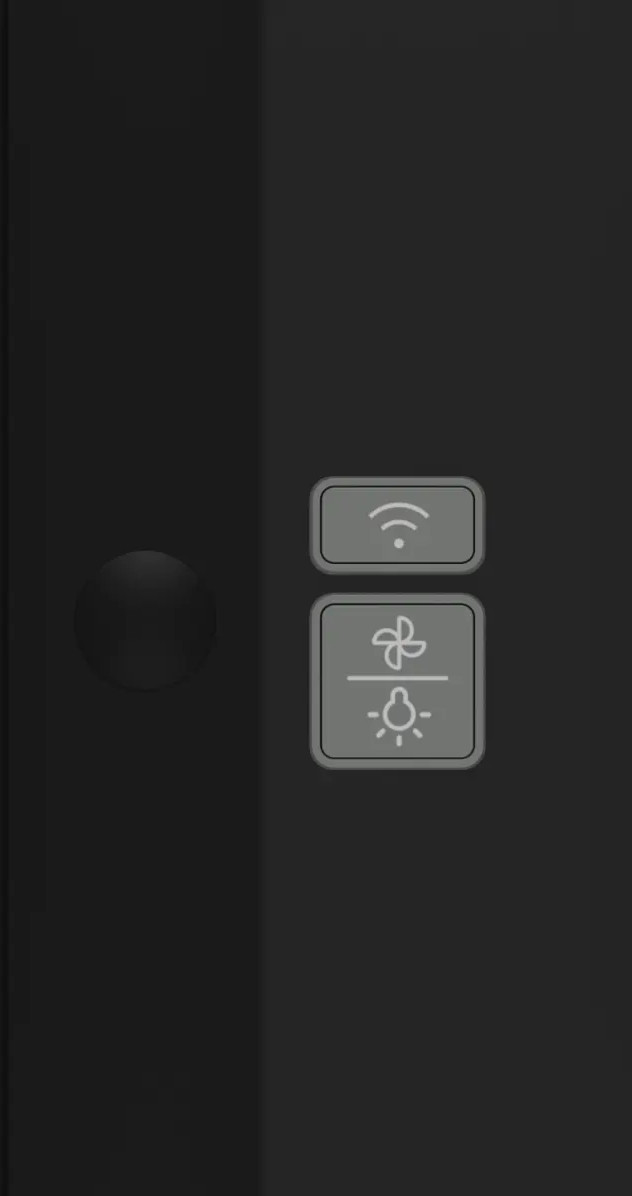 Szary pokrętło po lewej stronie, obok dwa przyciski z ikonami Wi-Fi i wentylatora/światła.