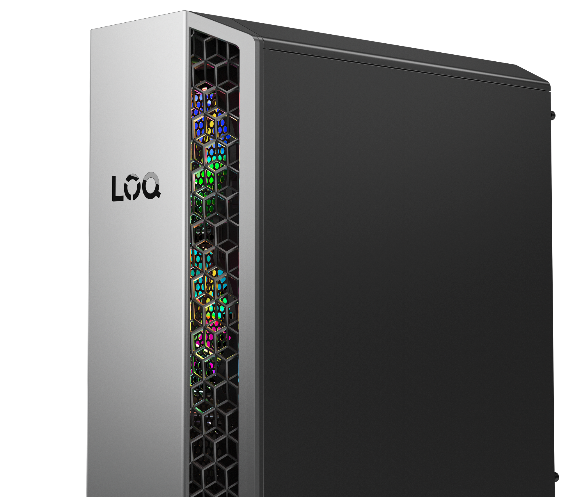 Biała obudowa komputera z czarnym bokiem i oświetleniem RGB.