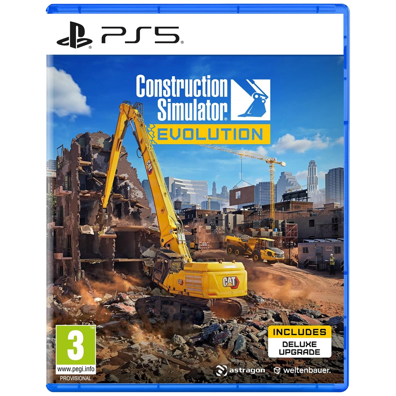Pelleteuse jaune démolit un immeuble de briques. Chantier avec camions et grues.