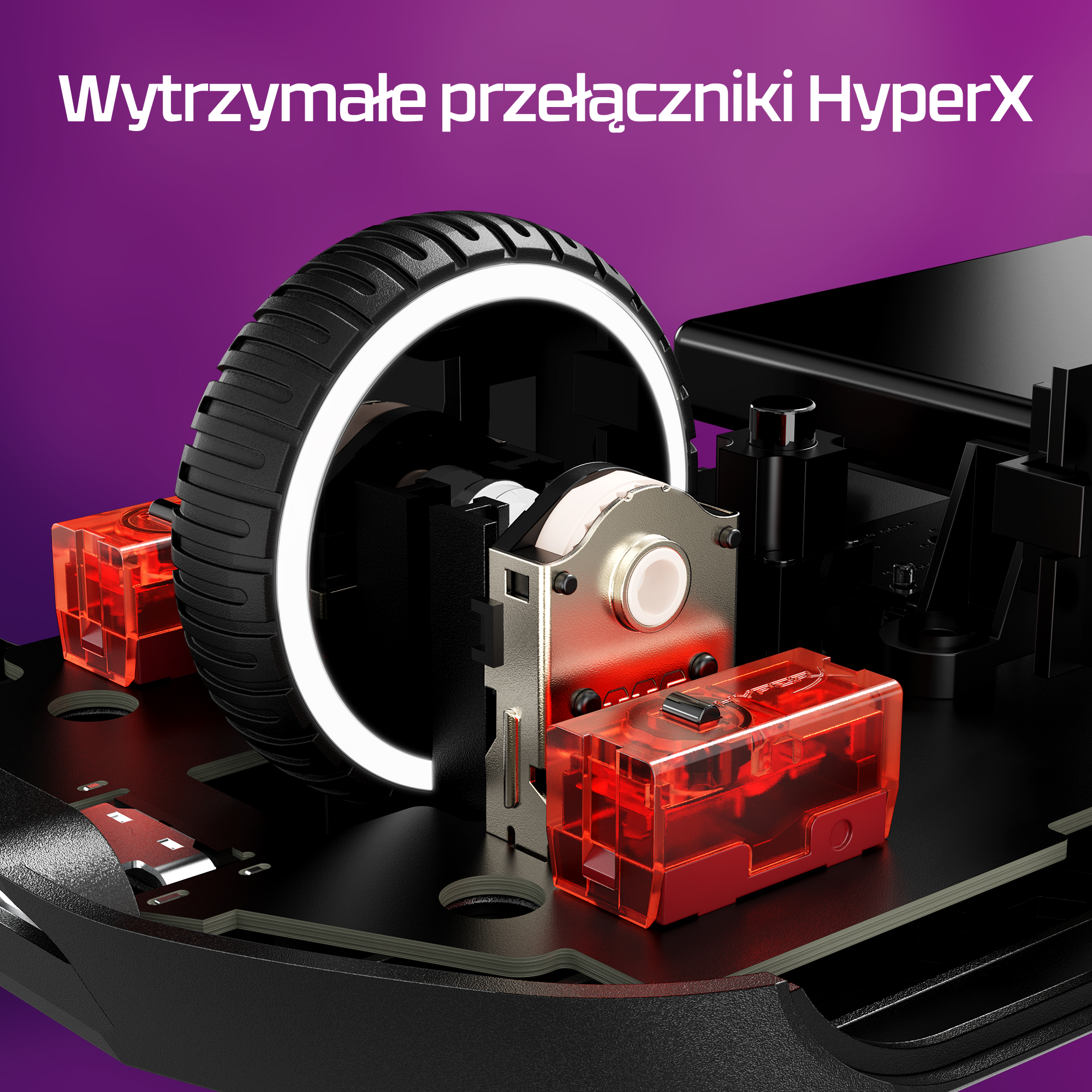 Zbliżenie na mechanizm myszy gamingowej z podświetlanym kółkiem i czerwonymi przełącznikami.