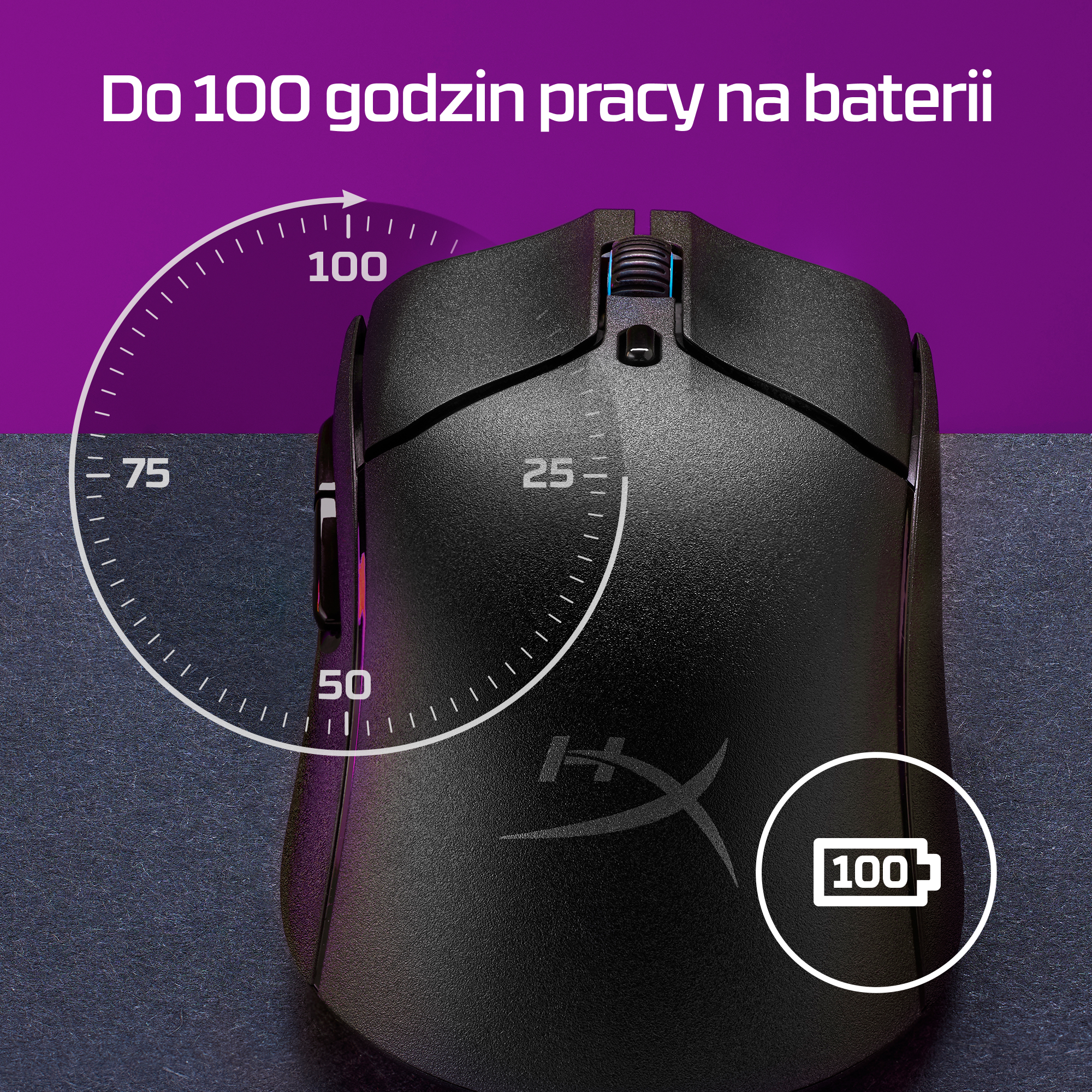 Czarna mysz ze wskaźnikiem baterii 100. Wskaźnik ładowania na 100 godzin.