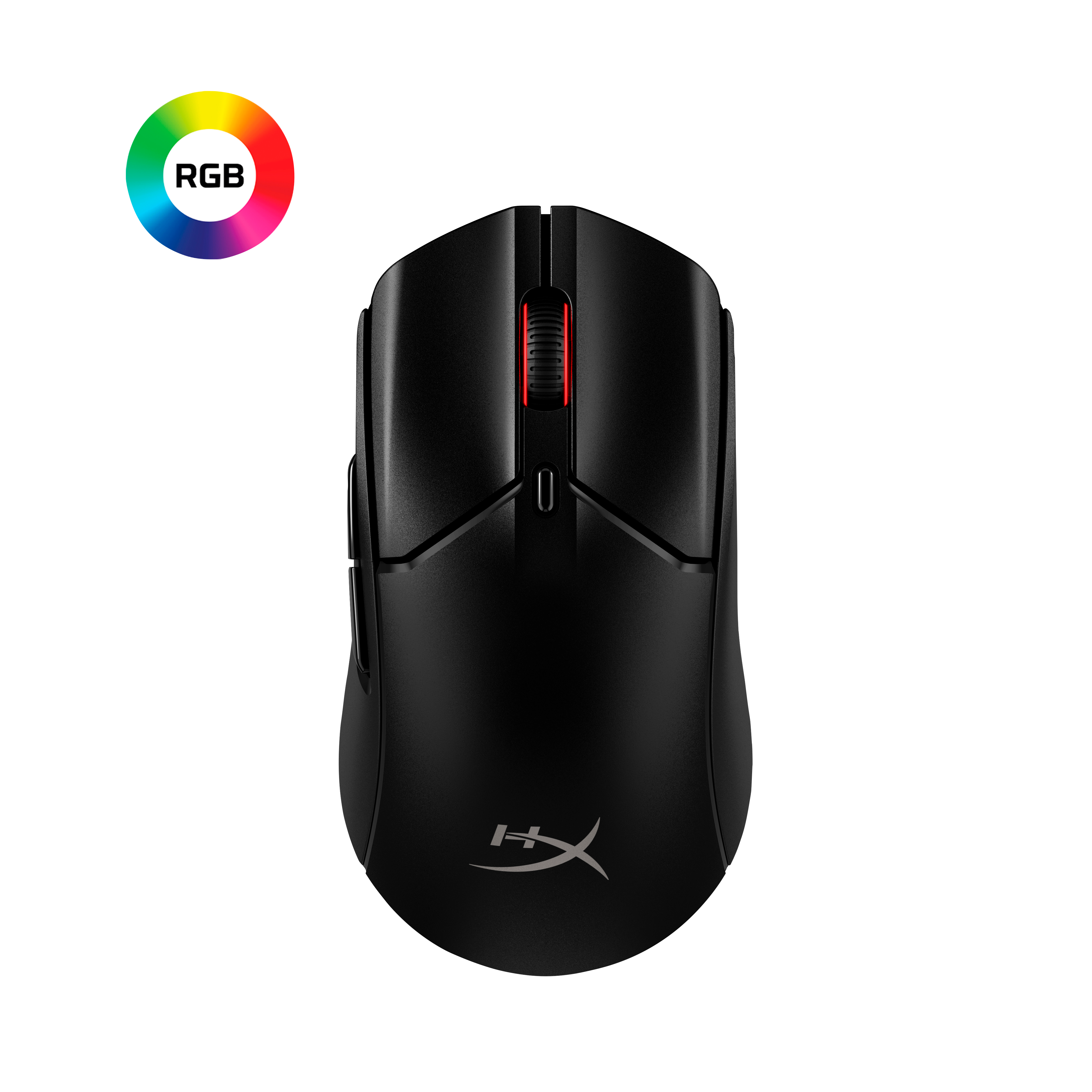 Czarna mysz gamingowa z czerwonym kółkiem i logo RGB na czarnym tle.