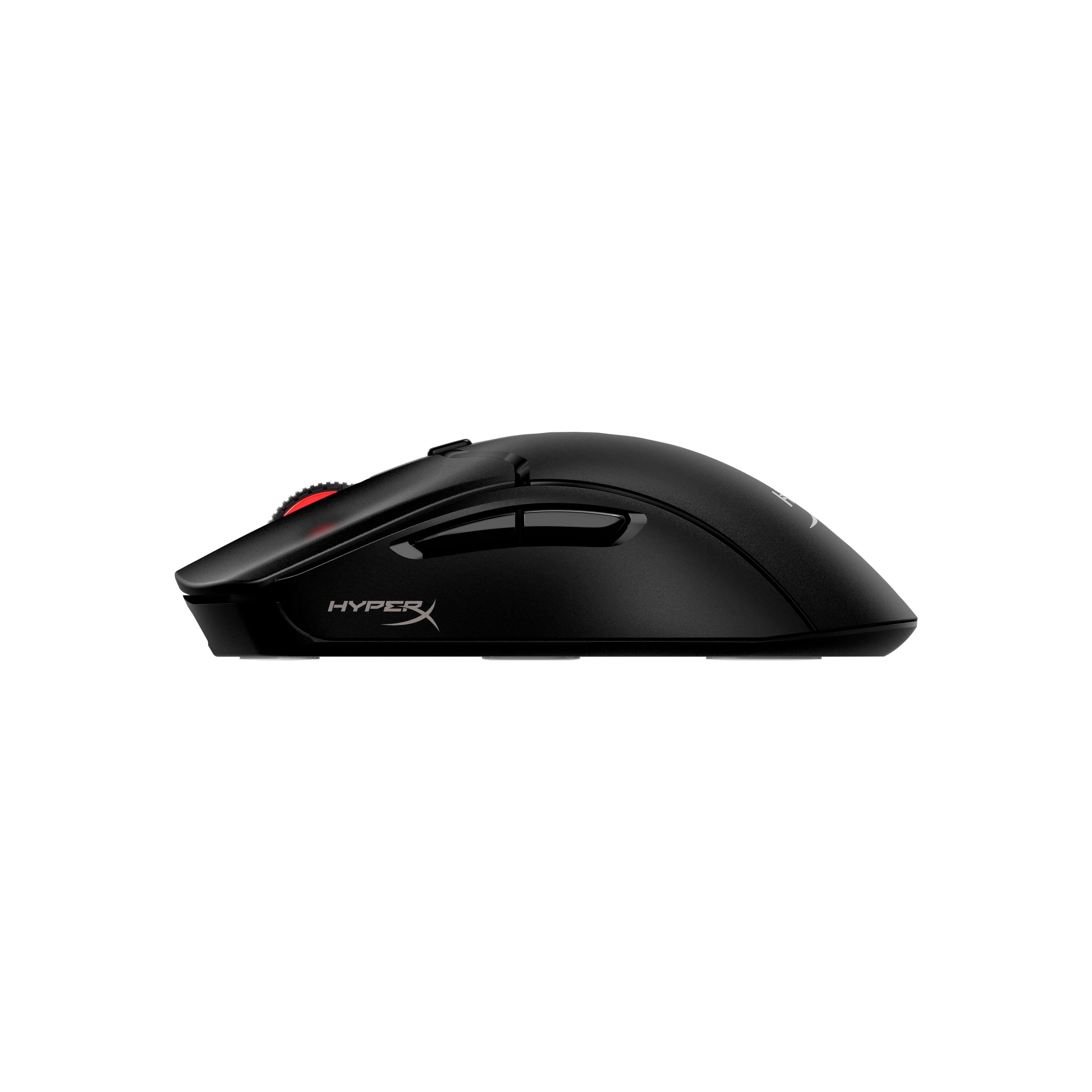 Czarna mysz gamingowa z czerwonym kółkiem i logo HyperX, widok z boku.