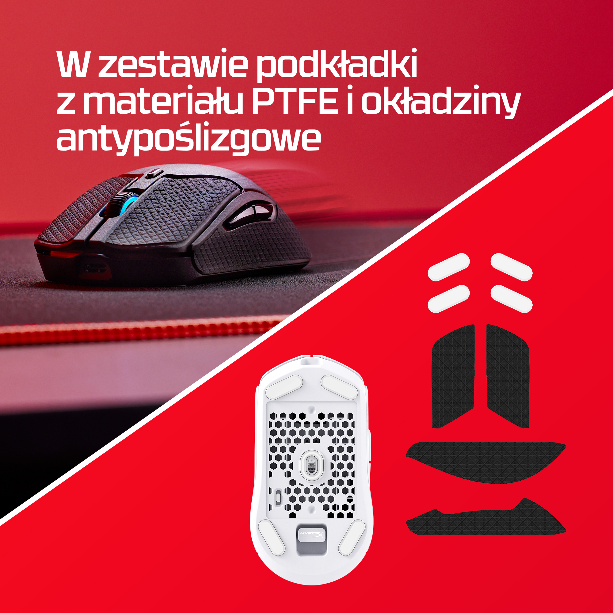 Czarna mysz gamingowa z niebieskim kółkiem, widok od spodu i antypoślizgowe naklejki.