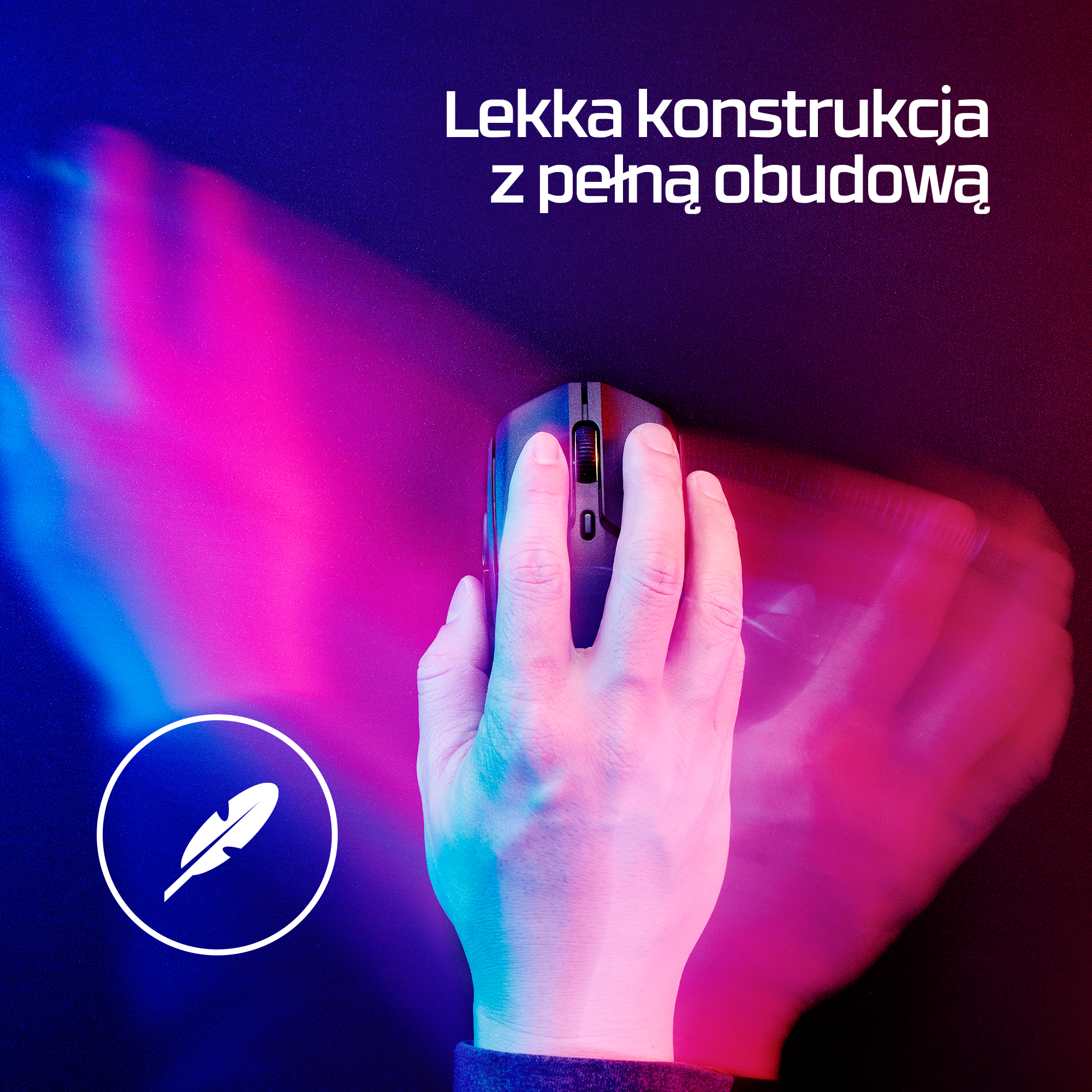 Dłoń trzymająca mysz z niebieskim i różowym oświetleniem.