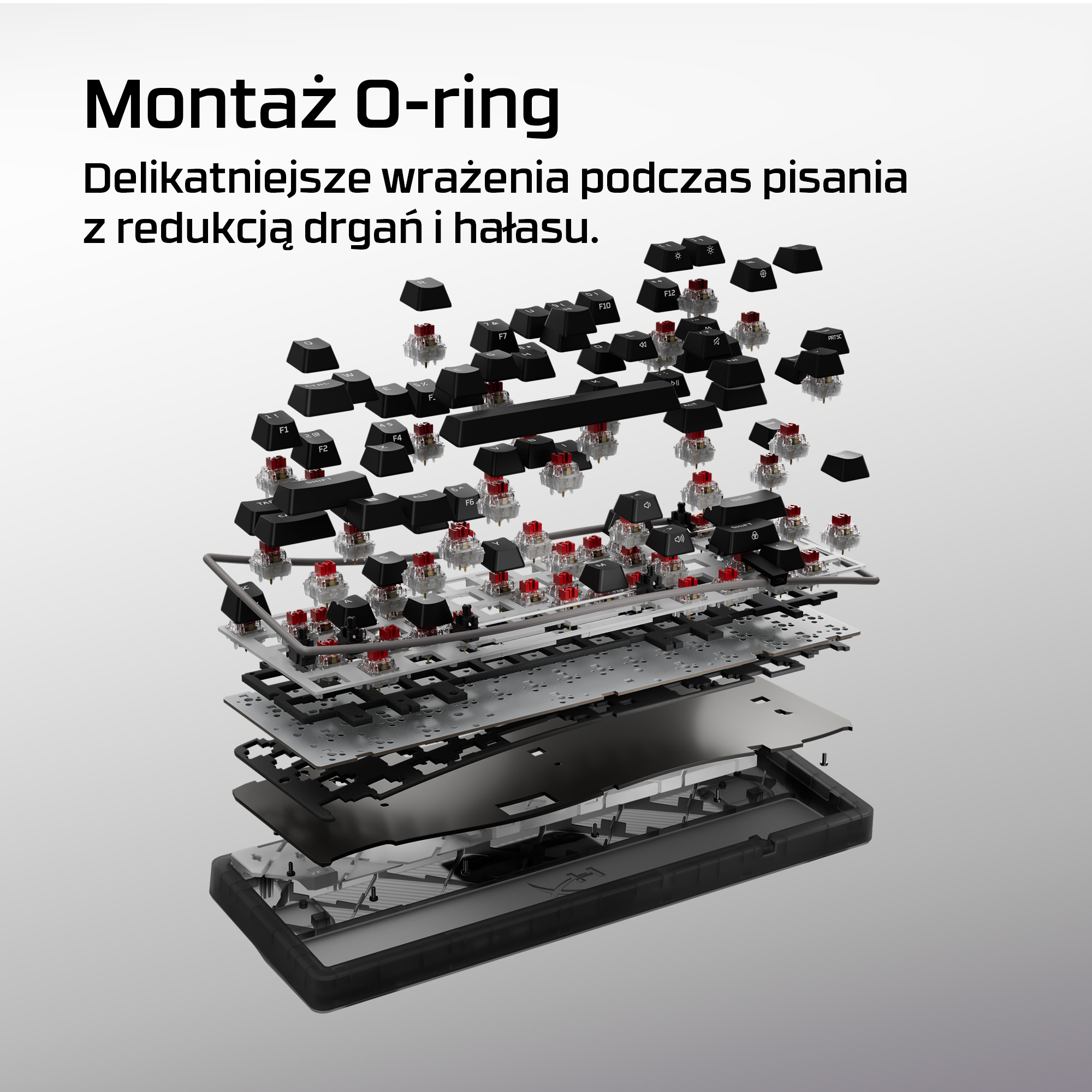 Widok rozstrzelony klawiatury z montażem O-ring, czarne klawisze.
