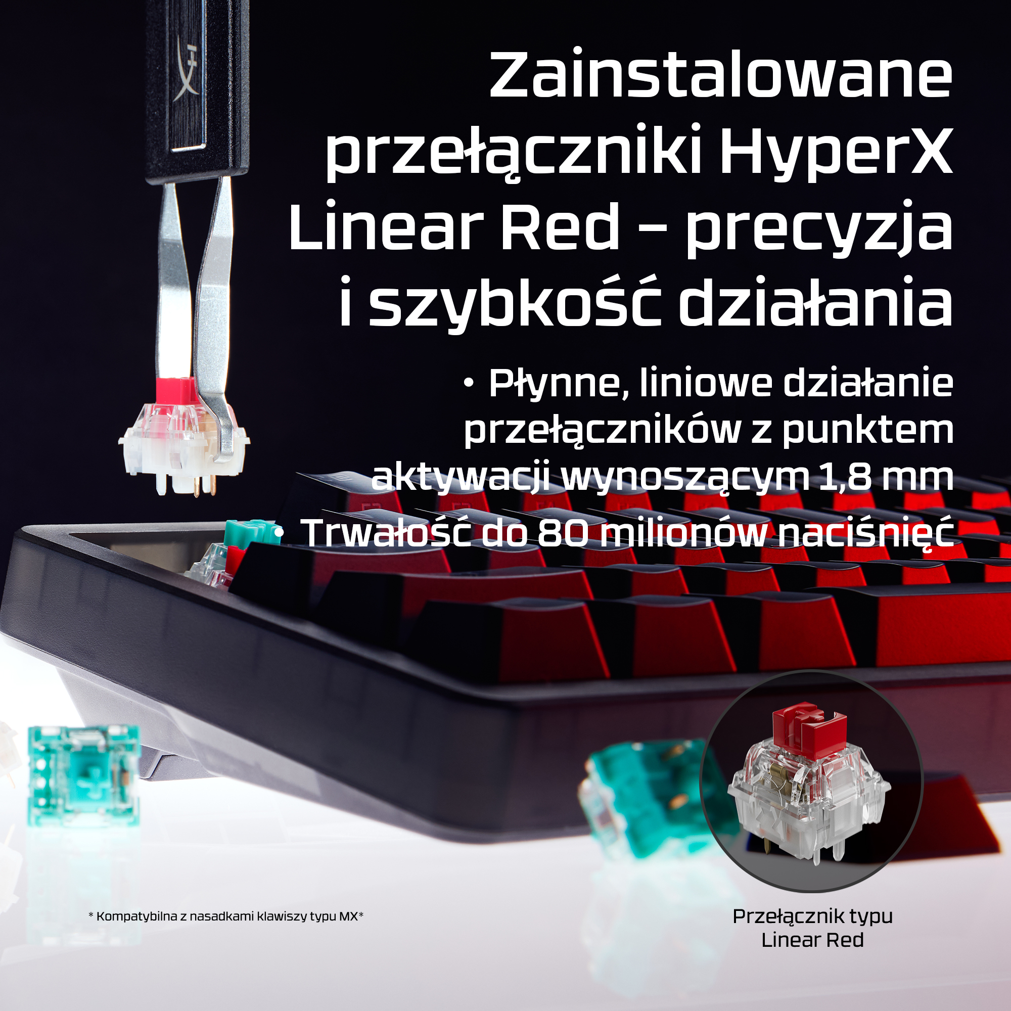 Zbliżenie czerwonych i zielonych przełączników klawiatury z tekstem.