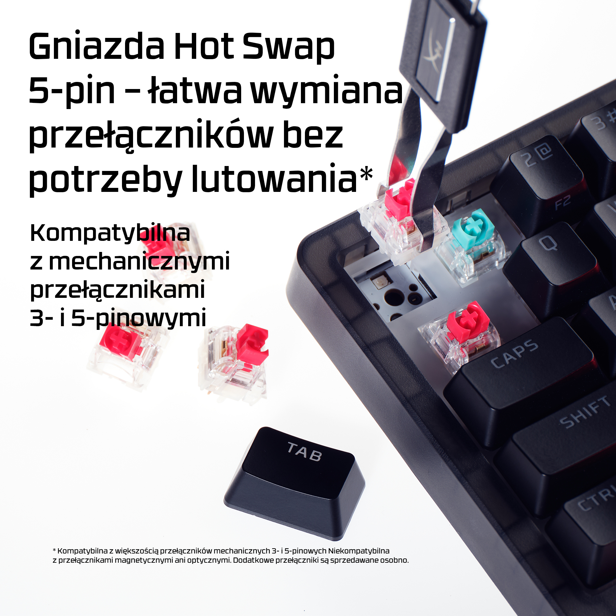 Zbliżenie na przełączniki klawiatury i płytę główną z gniazdami hot-swap.
