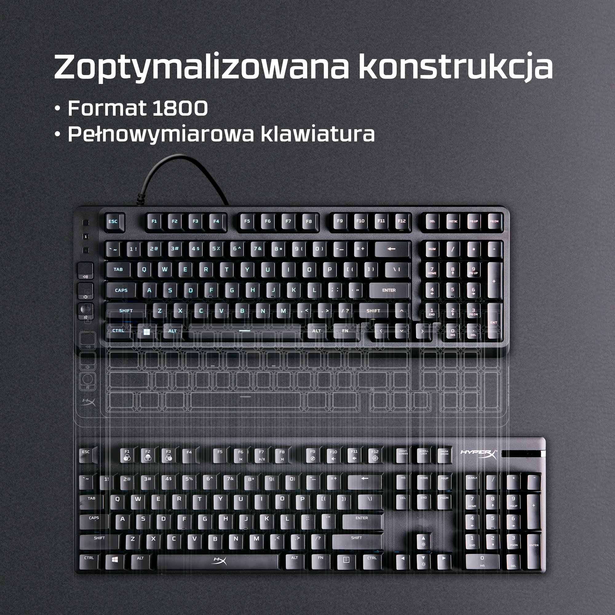 Dwie czarne klawiatury, jedna pełnowymiarowa i jedna kompaktowa, na ciemnym podłożu.