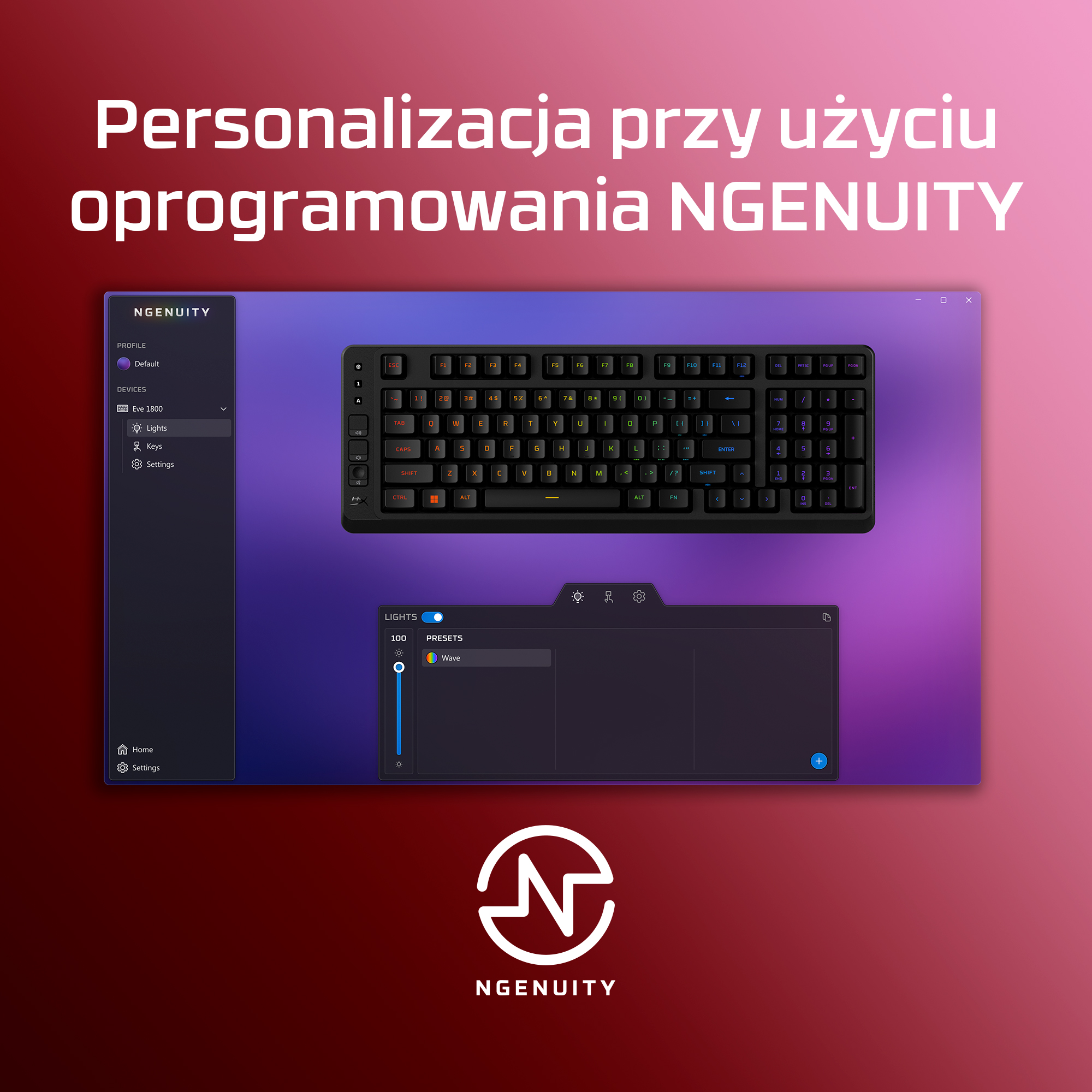 Zrzut ekranu NGENUITY przedstawia klawiaturę i ustawienia oprogramowania dla oświetlenia.