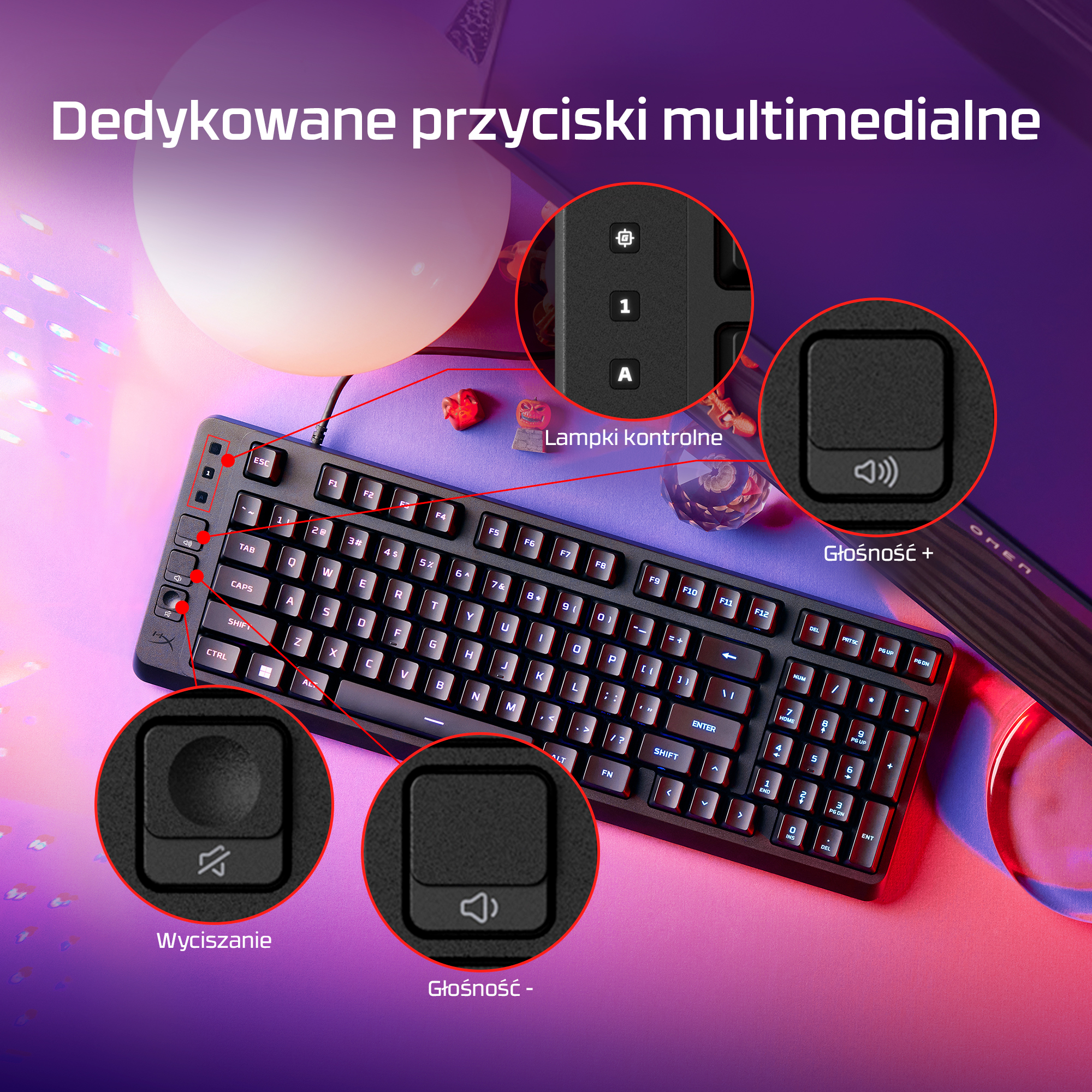 Klawiatura z dedykowanymi przyciskami multimedialnymi, regulacją głośności i wyciszaniem.