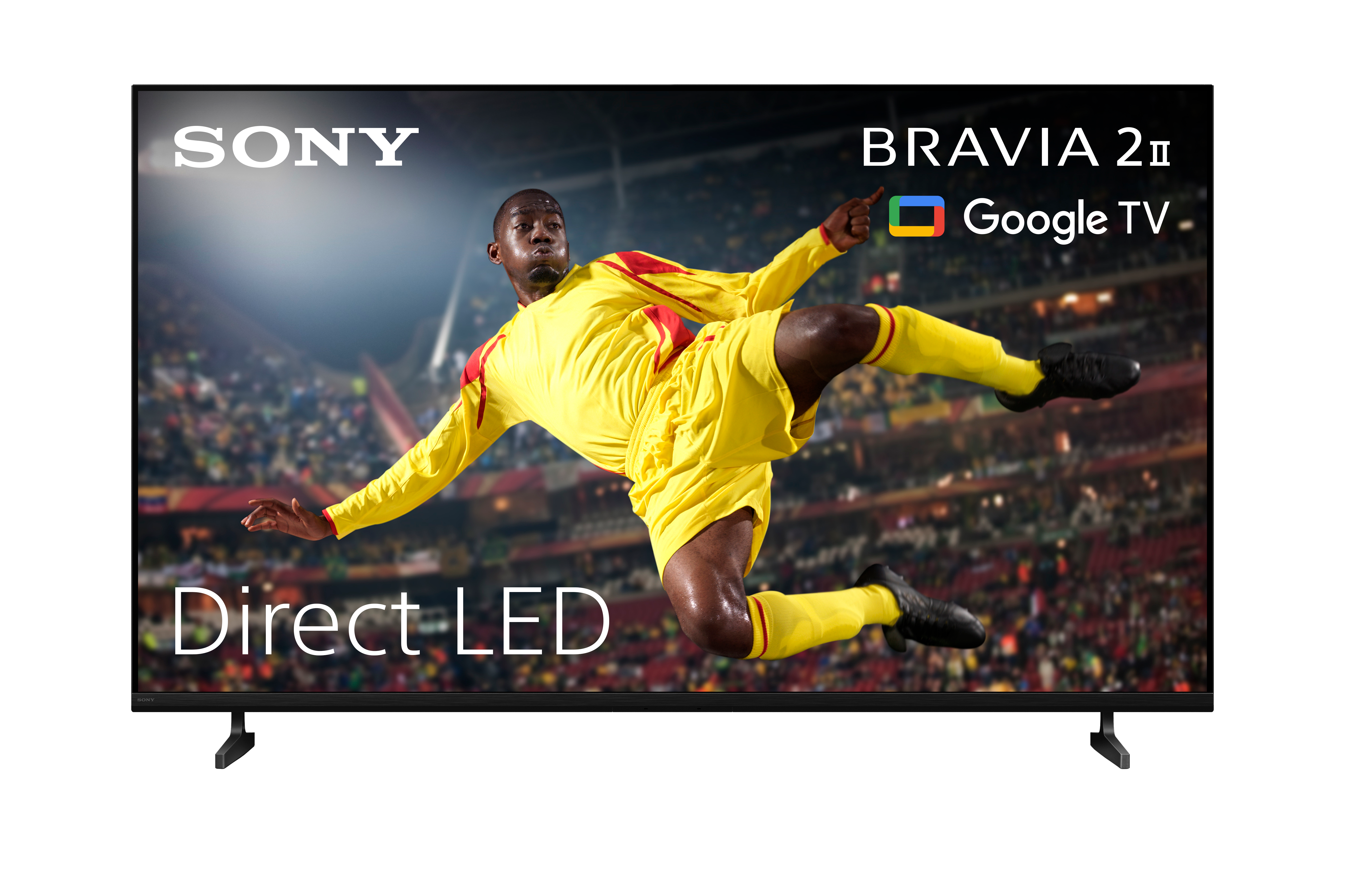 Piłkarz w żółtym stroju skacze. Sony Bravia 2 Google TV.