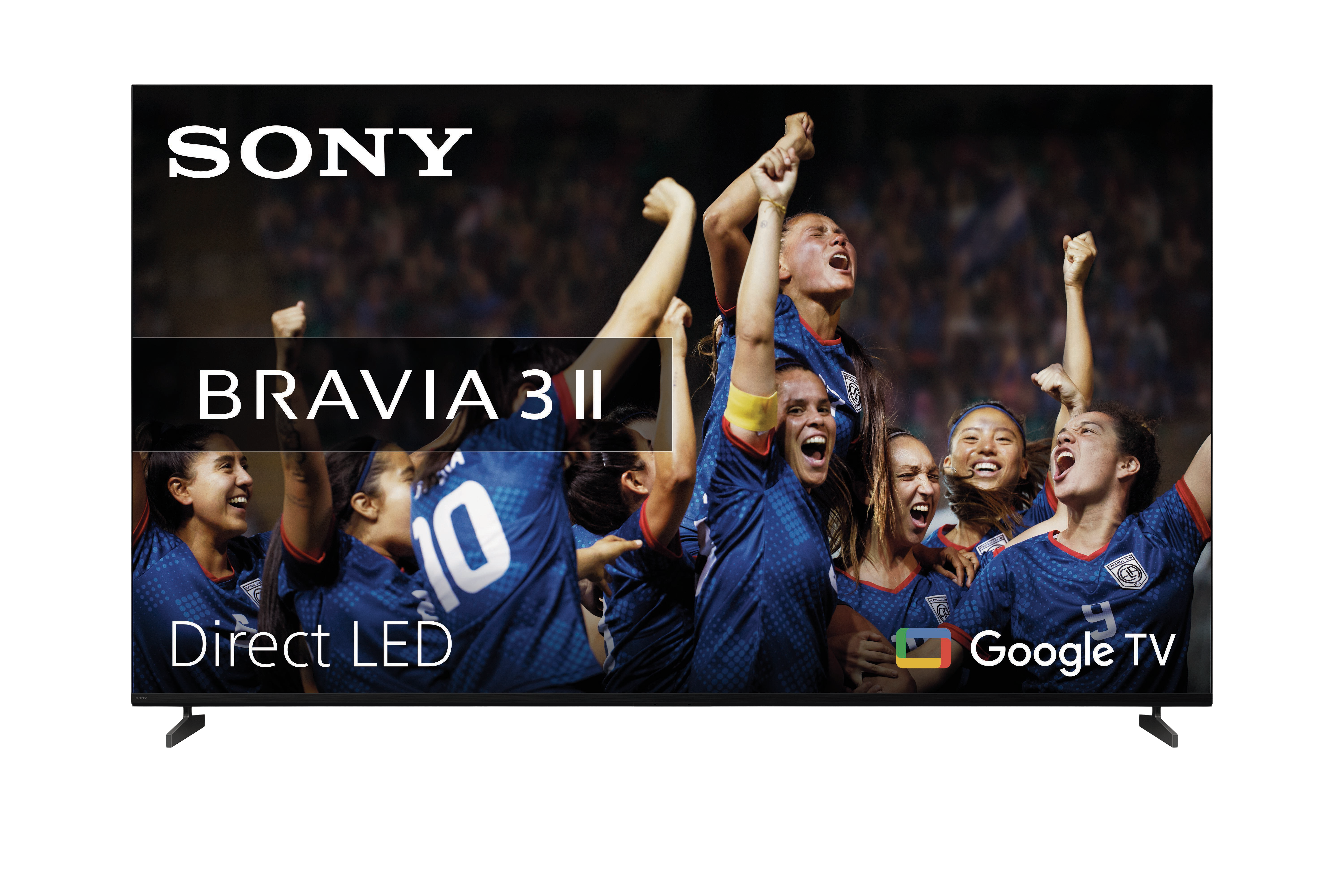 Telewizor Sony Bravia pokazuje świętującą drużynę piłkarską. Direct LED, Google TV.