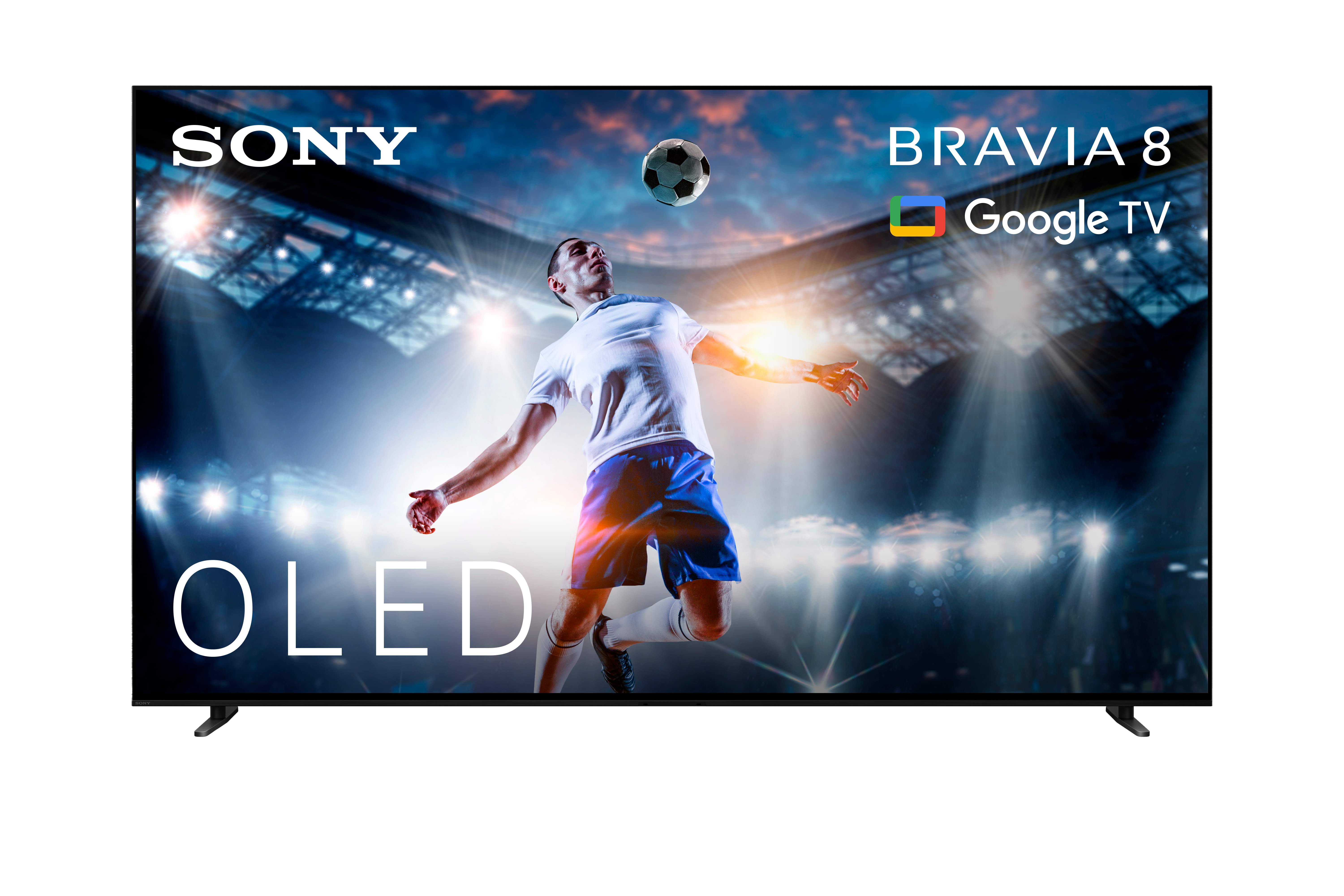 Telewizor Sony Bravia 8 OLED pokazuje piłkarza na stadionie z piłką.