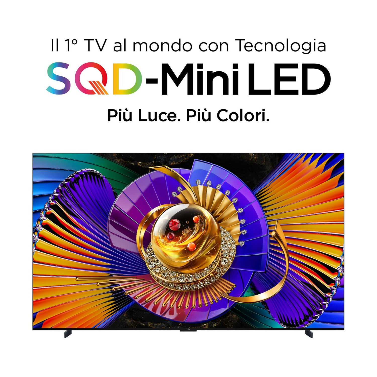 Una TV moderna mostra colori vivaci su schermo Mini LED con design astratto e colorato.