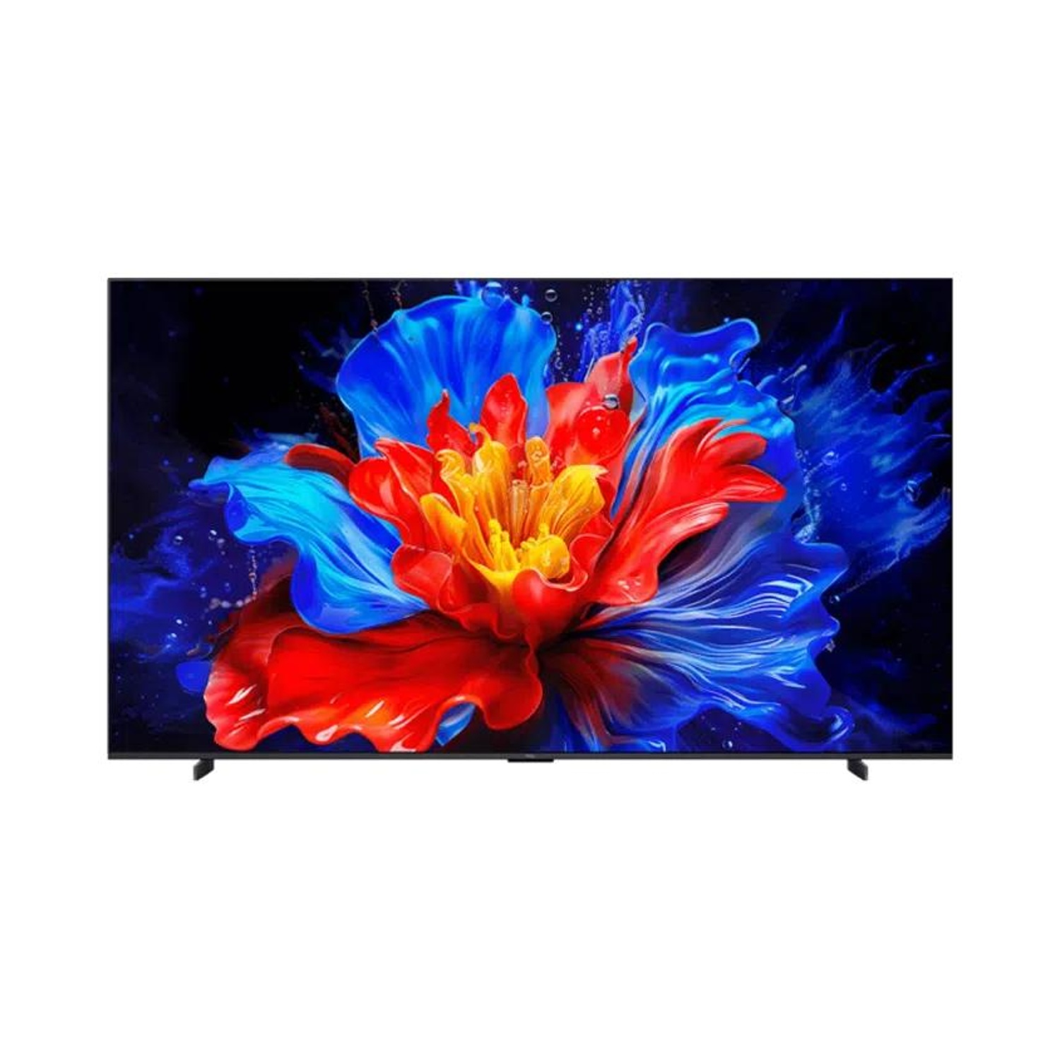 Un grande schermo TV mostra un'immagine astratta di un fiore blu e rosso.