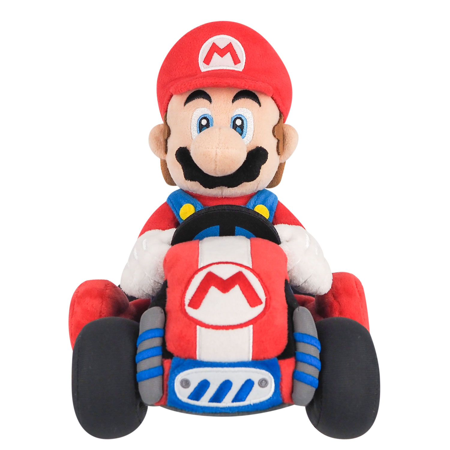 Mario-Plüschfigur im roten Go-Kart mit M-Logo auf der Vorderseite.