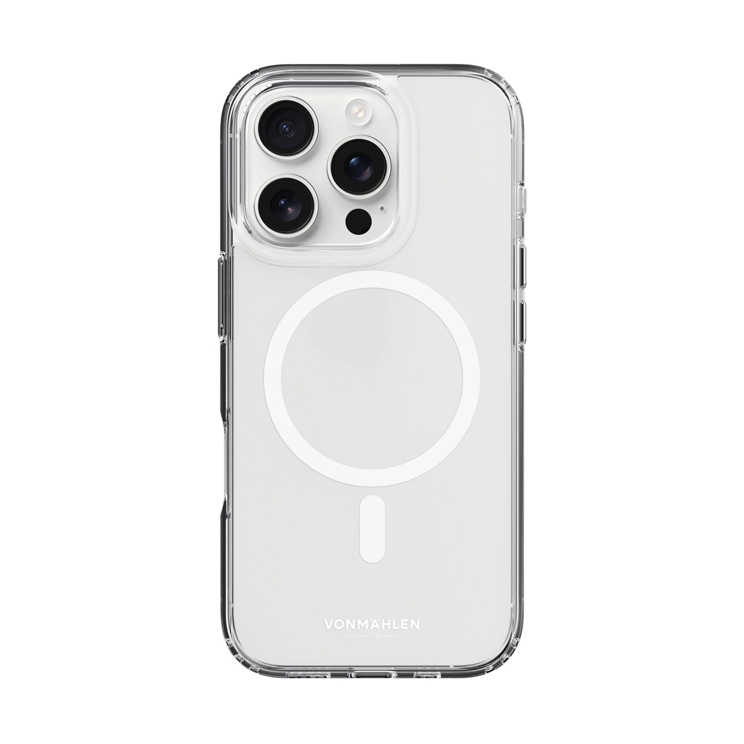 Custodia trasparente per telefono con tripla fotocamera, anello MagSafe e logo.