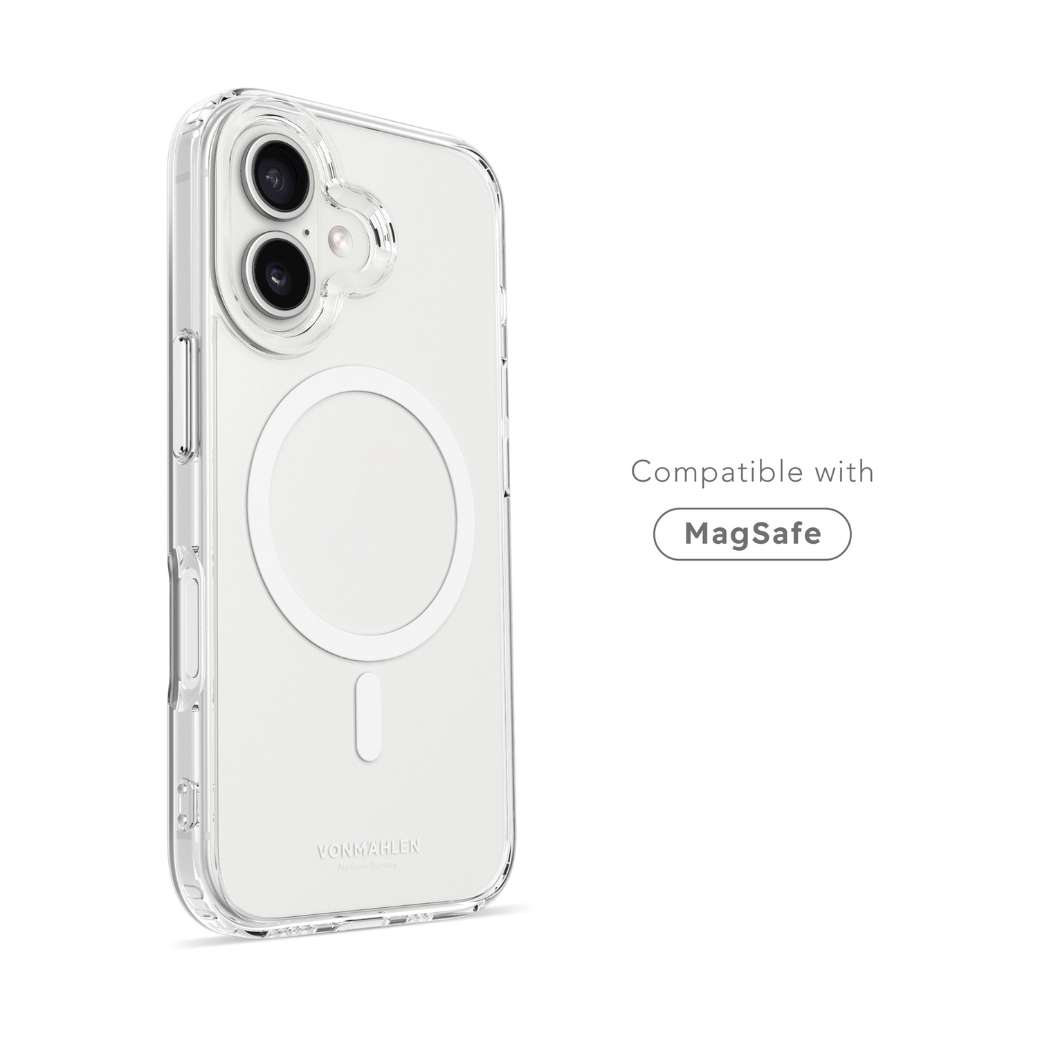 Custodia trasparente con compatibilità MagSafe per un iPhone.