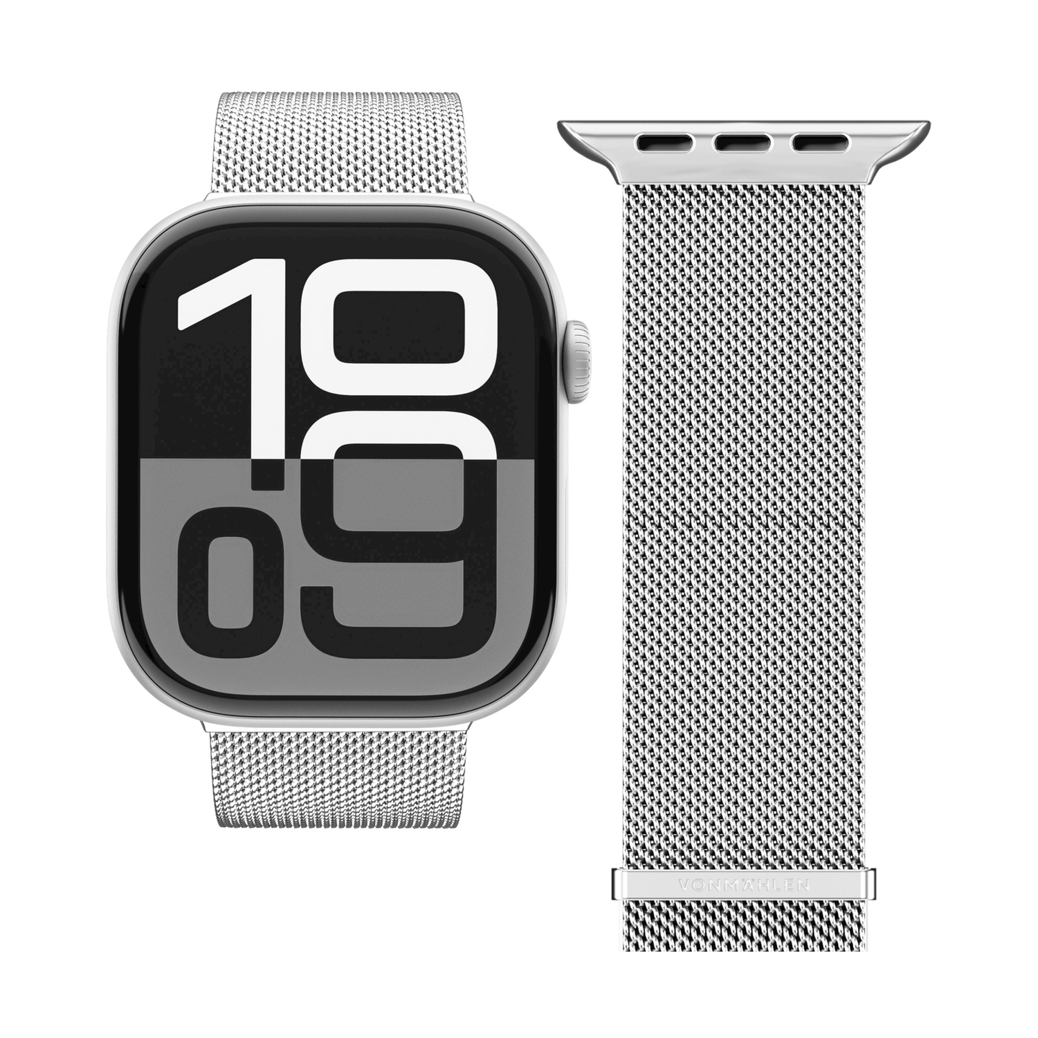 Fascia argentata per smartwatch in rete di acciaio inossidabile, accanto a un orologio con display digitale.