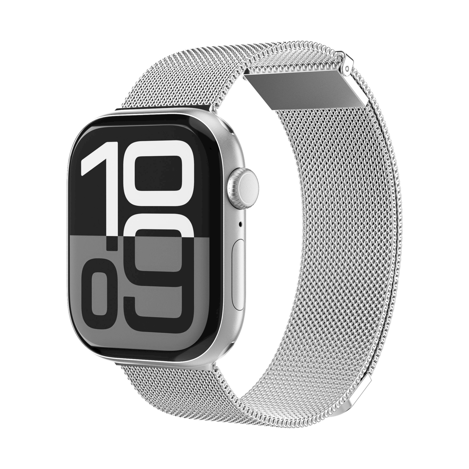 Orologio smart argentato con cinturino milanese e ora digitale.