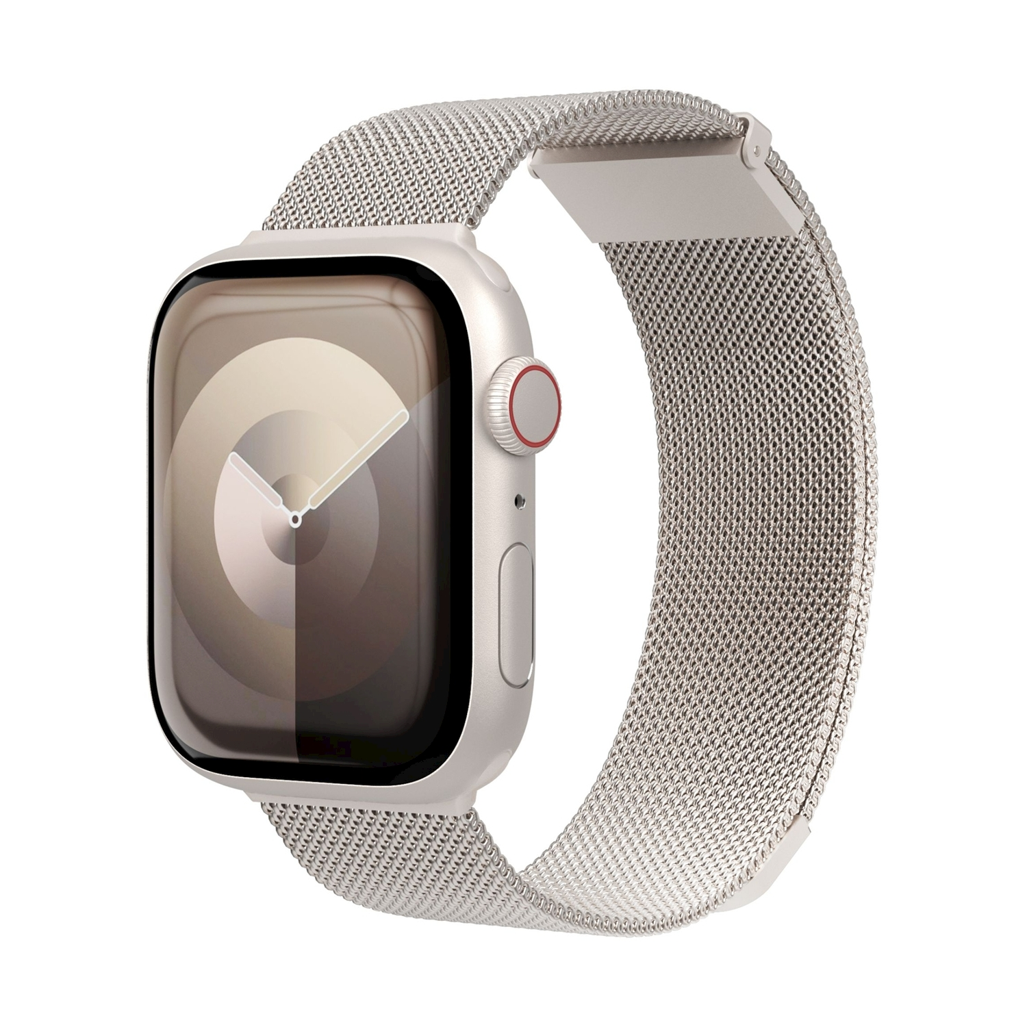 Uno smartwatch argentato con cinturino milanese su sfondo bianco.