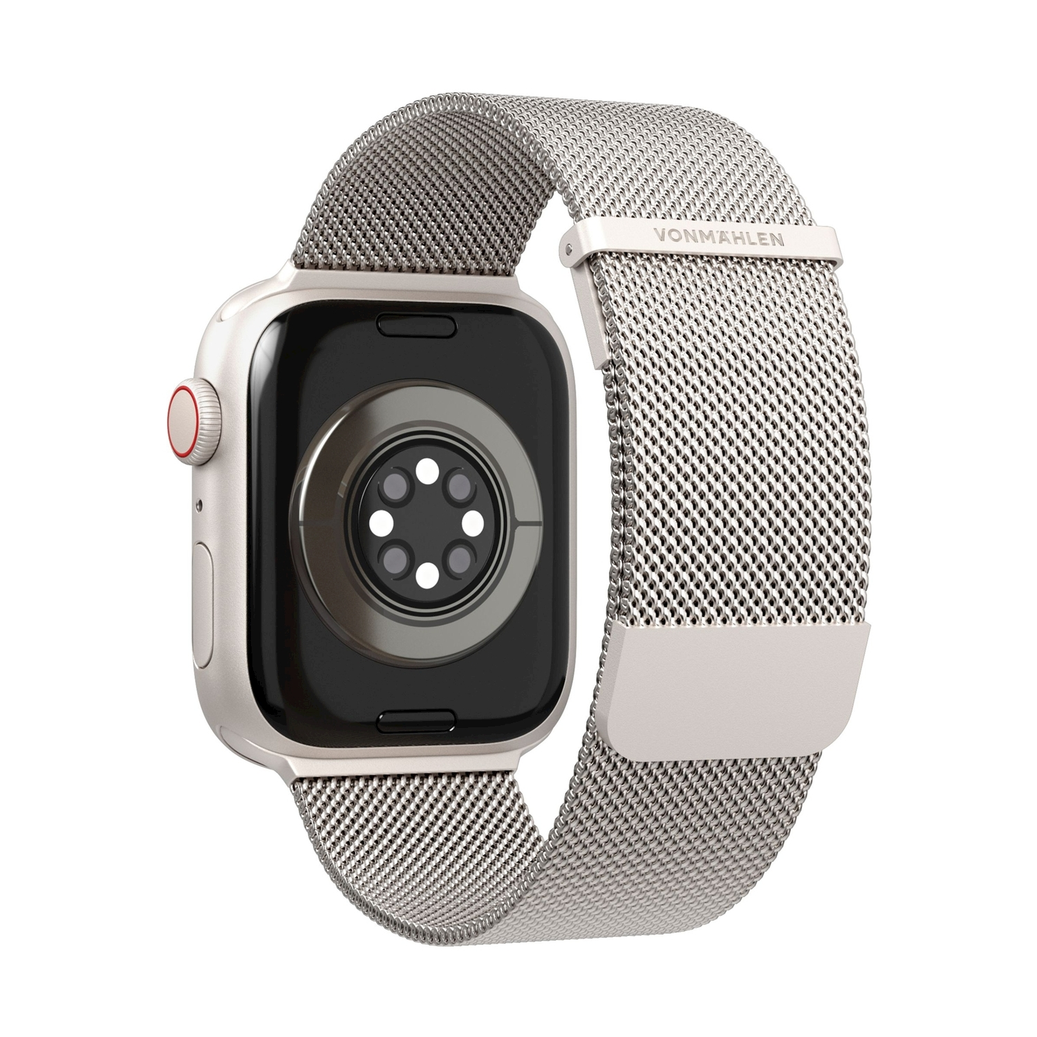 Retro di uno smartwatch argentato con cinturino milanese.