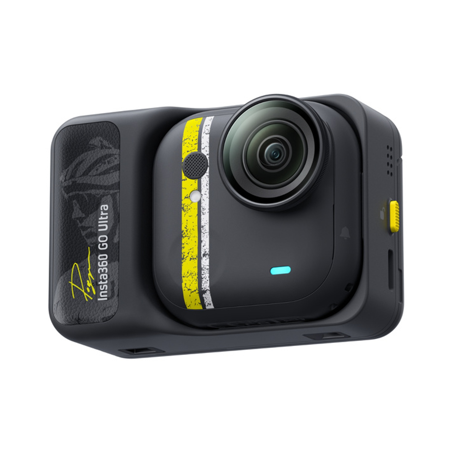 Fotocamera Insta360 GO Ultra grigio scuro con strisce gialle e bianche, obiettivo e pulsante giallo.