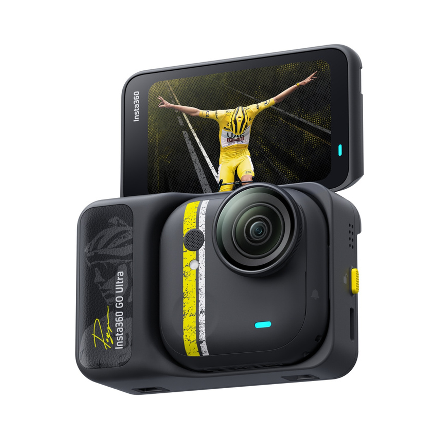 Compatta fotocamera nera con striscia gialla e bianca. Schermo mostra ciclista in maglia gialla.