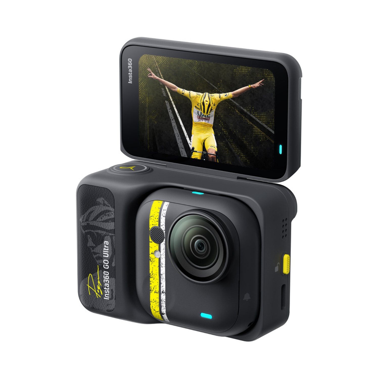 Una action cam Insta360 Go Ultra nera con striscia gialla e schermo.