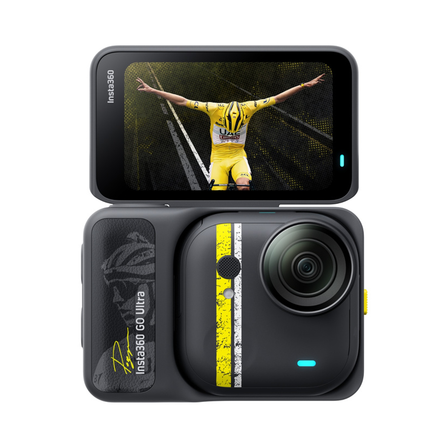 La fotocamera Insta360 Go Ultra mostra un ciclista in maglia gialla sullo schermo. Sfondo bianco.