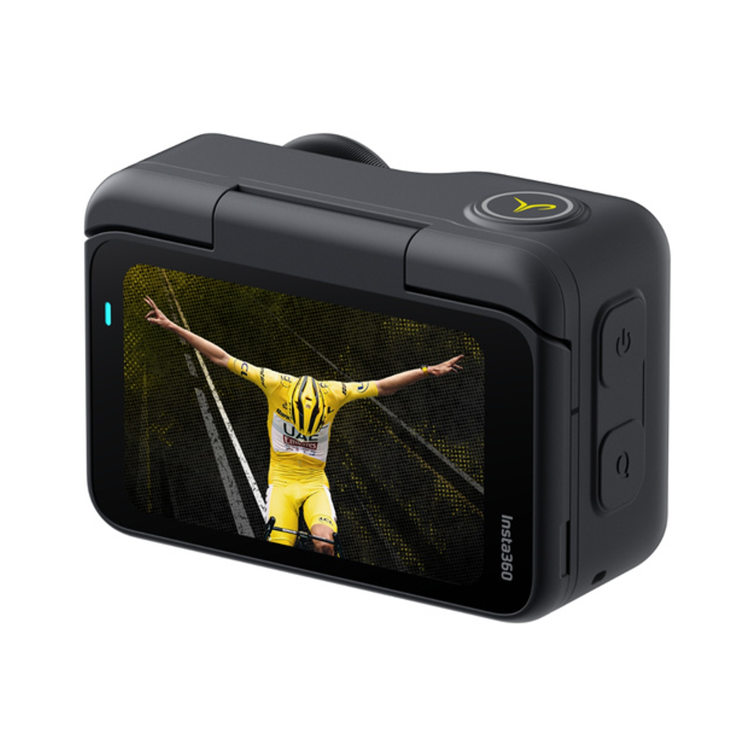 Telecamera Insta360 nera mostra ciclista in maglia gialla sullo schermo.