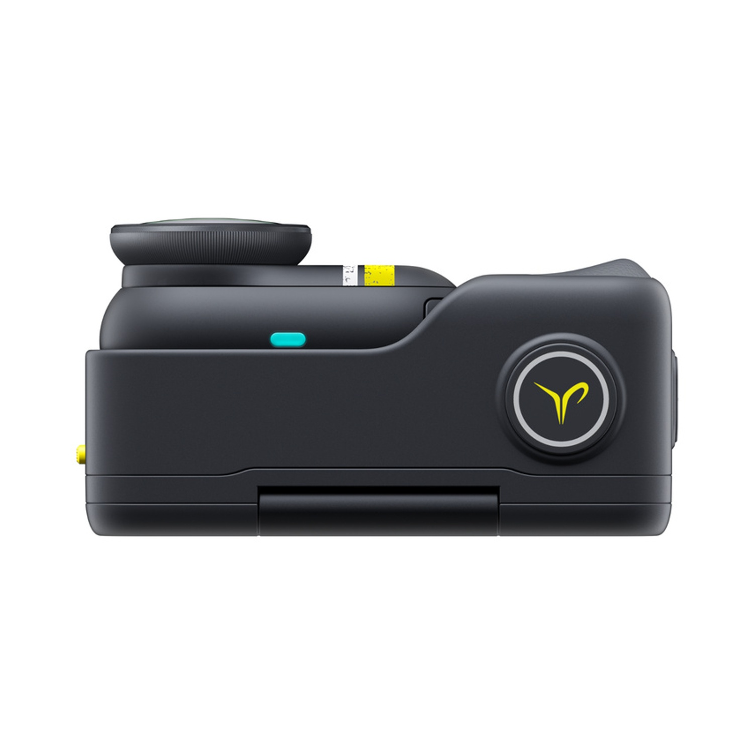 Dispositivo grigio scuro con logo giallo e accenti blu.