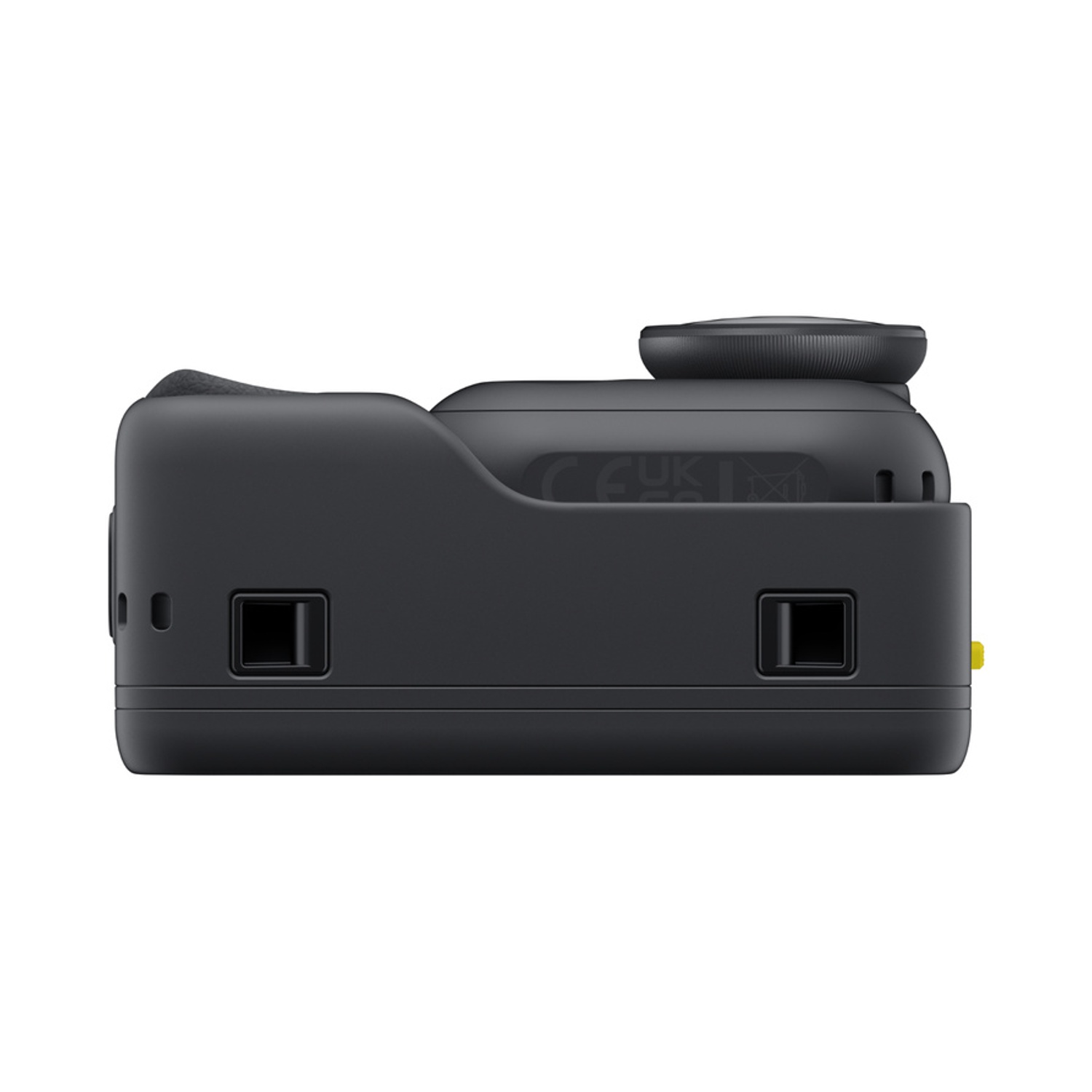 Dispositivo elettronico nero con porte e un pulsante in cima.