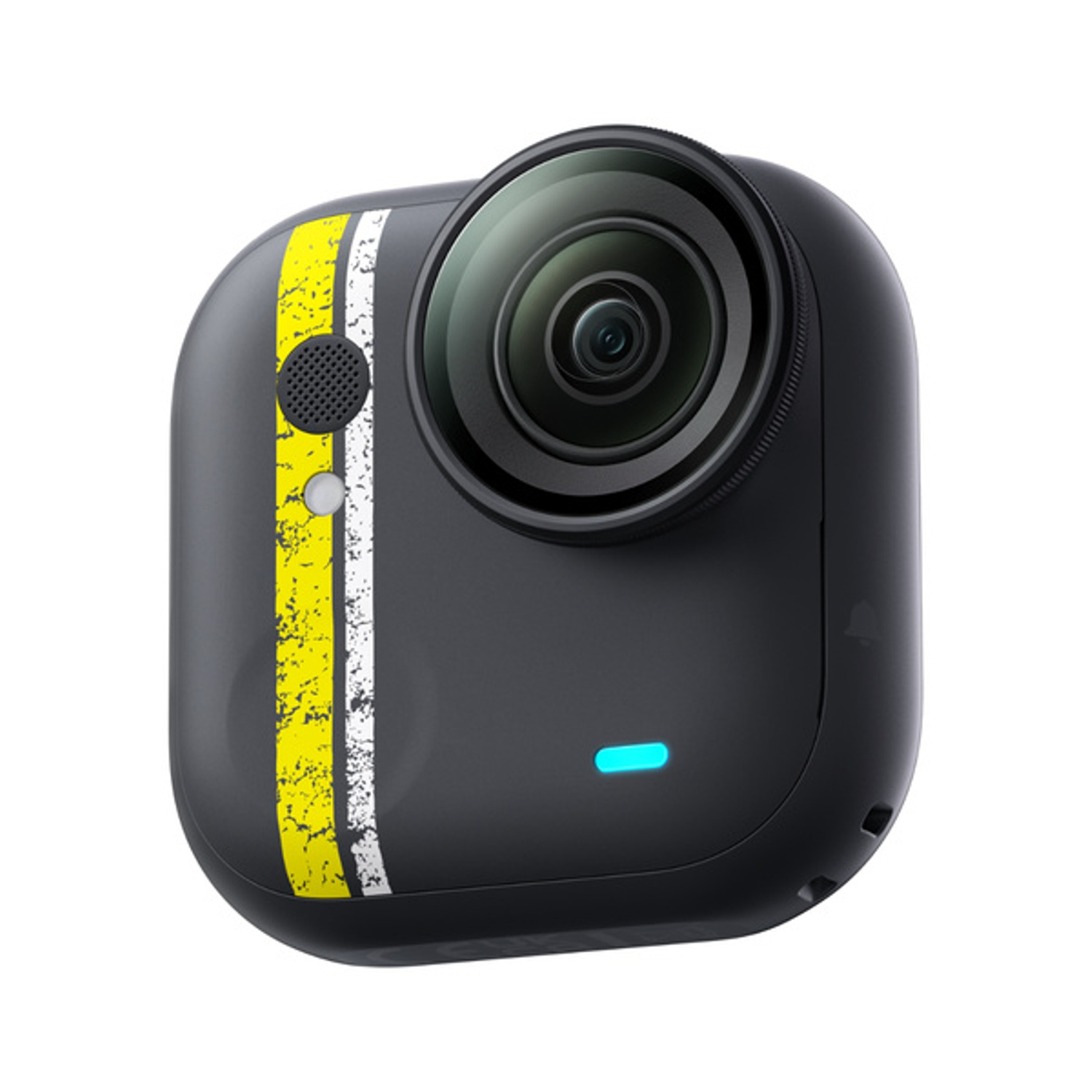 Fotocamera nera con strisce gialle e bianche, obiettivo e luce blu.