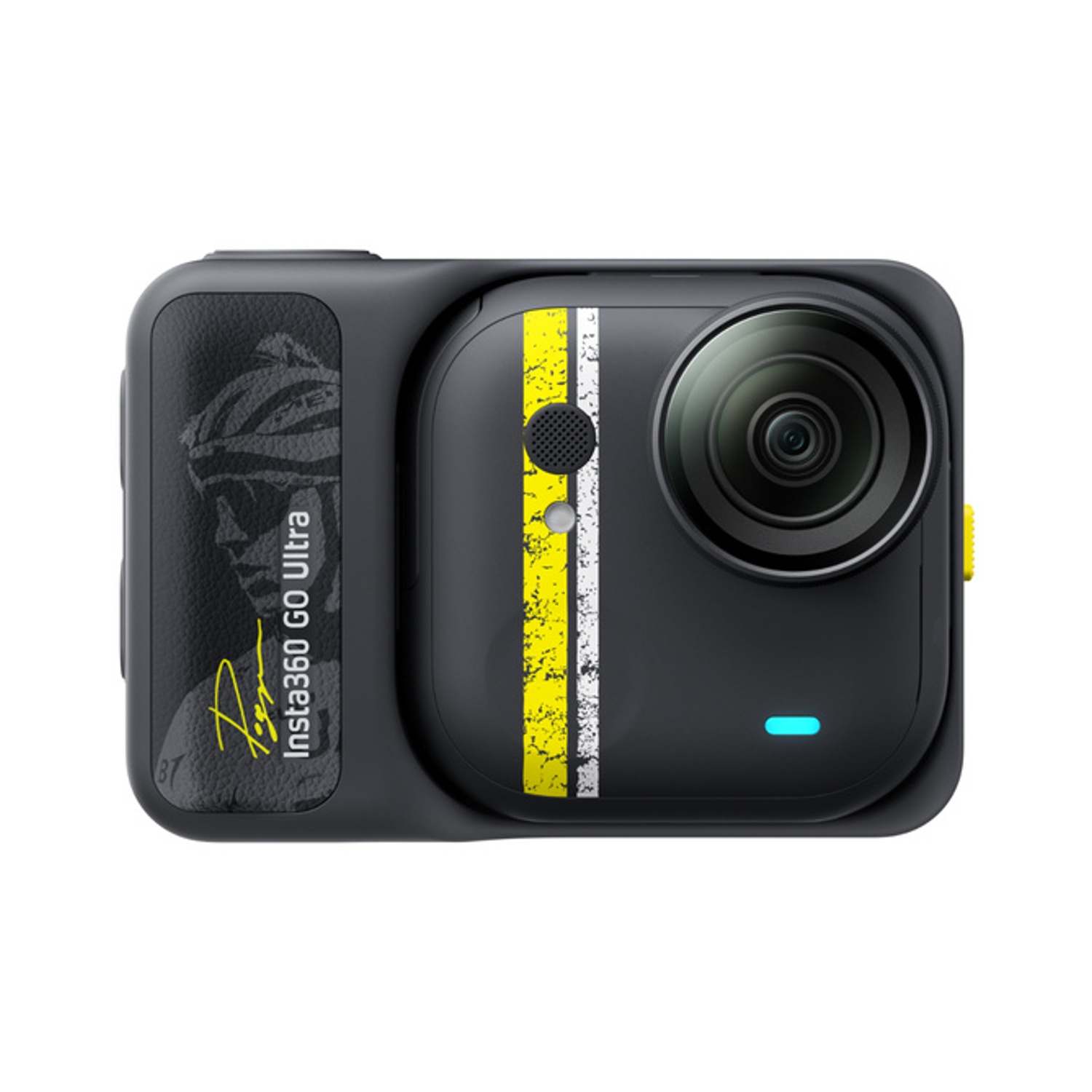 Una action camera Insta360 GO Ultra nera con strisce gialle e bianche.