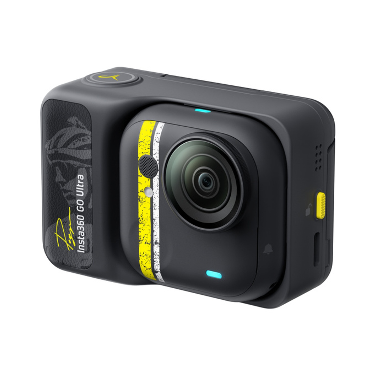 Telecamera nera Insta360 GO Ultra con striscia gialla e obiettivo su sfondo bianco.