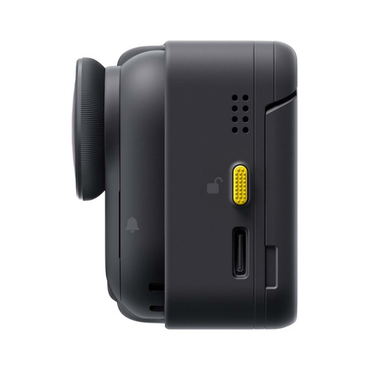 Action camera nera con pulsante giallo ed elemento lente. Vista laterale con ventilazione.