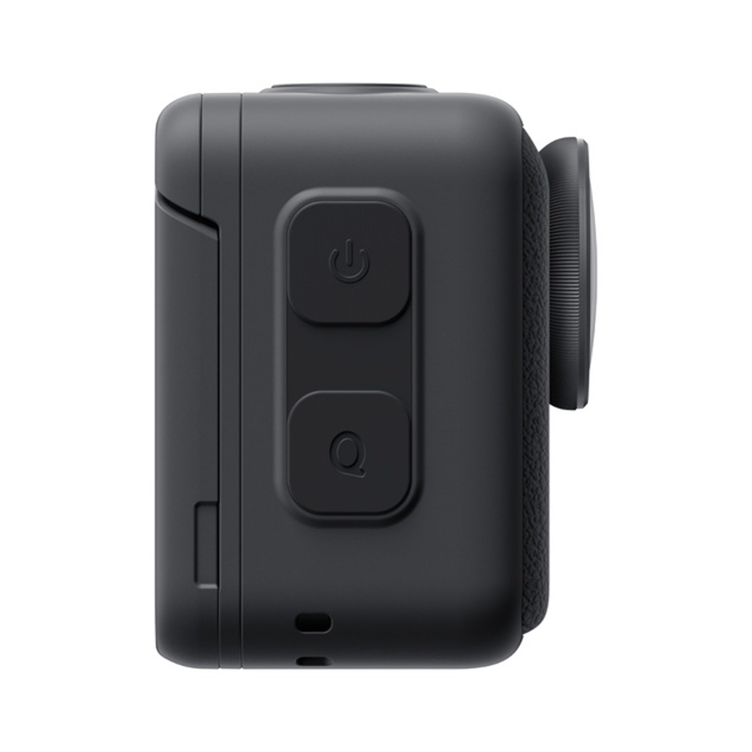 Action camera nera con pulsanti di accensione e Q sul lato.