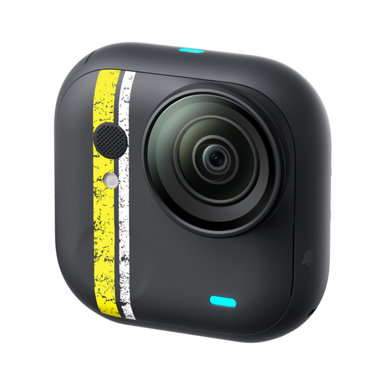 Telecamera 360 nera con strisce gialle e bianche. Luci blu accese.
