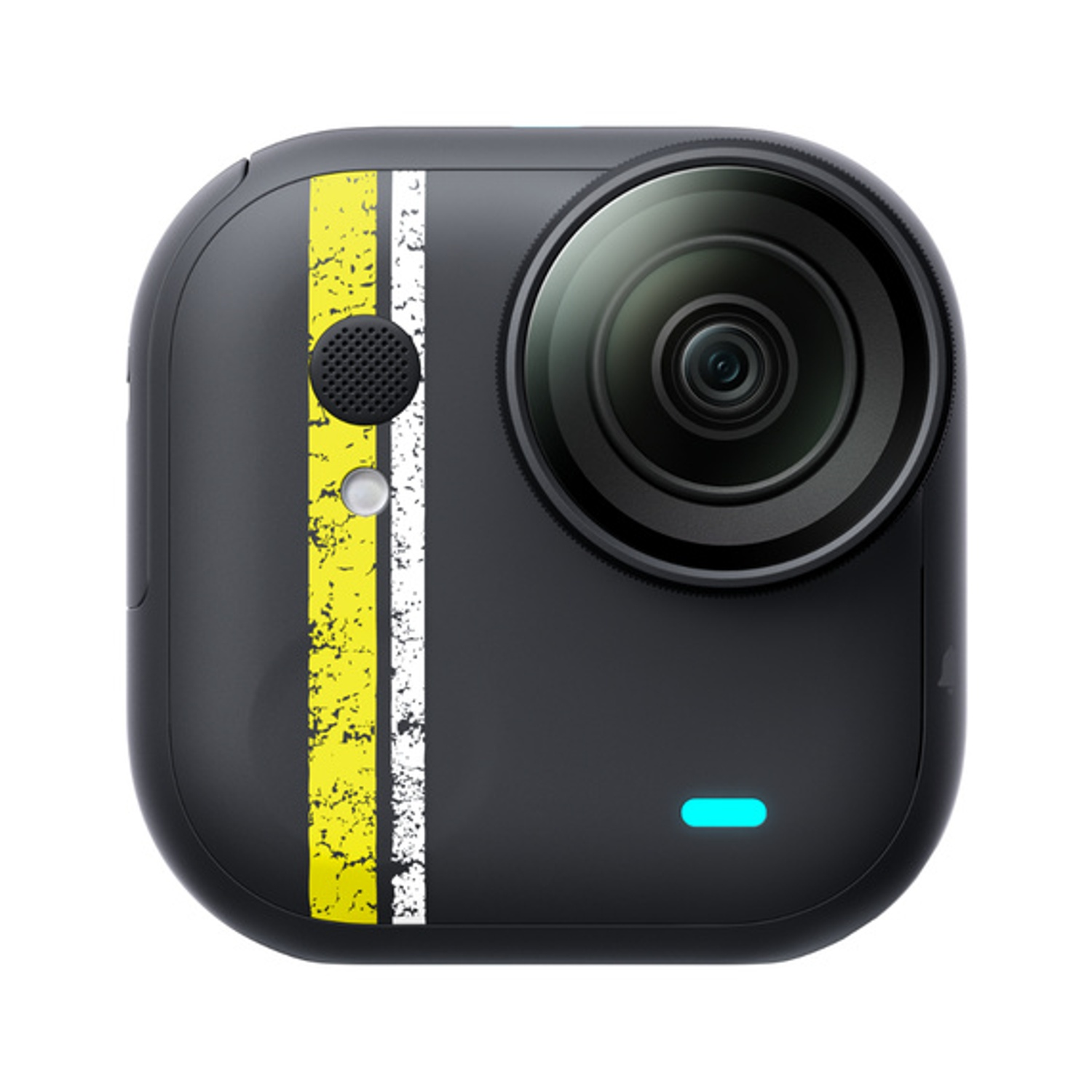 Fotocamera nera con strisce gialle e bianche, obiettivo e luce blu.