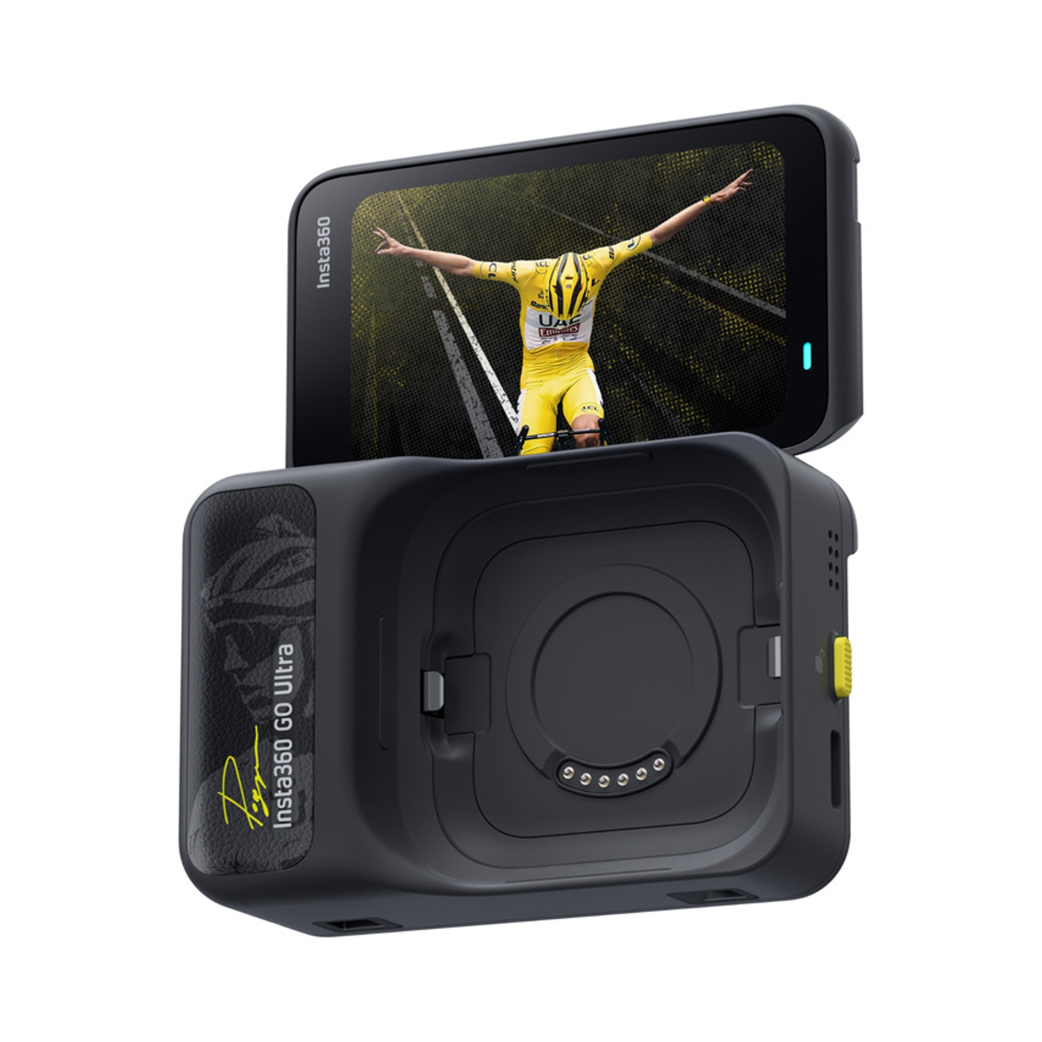 Insta360 GO Ultra con ciclista visualizzato sullo schermo.