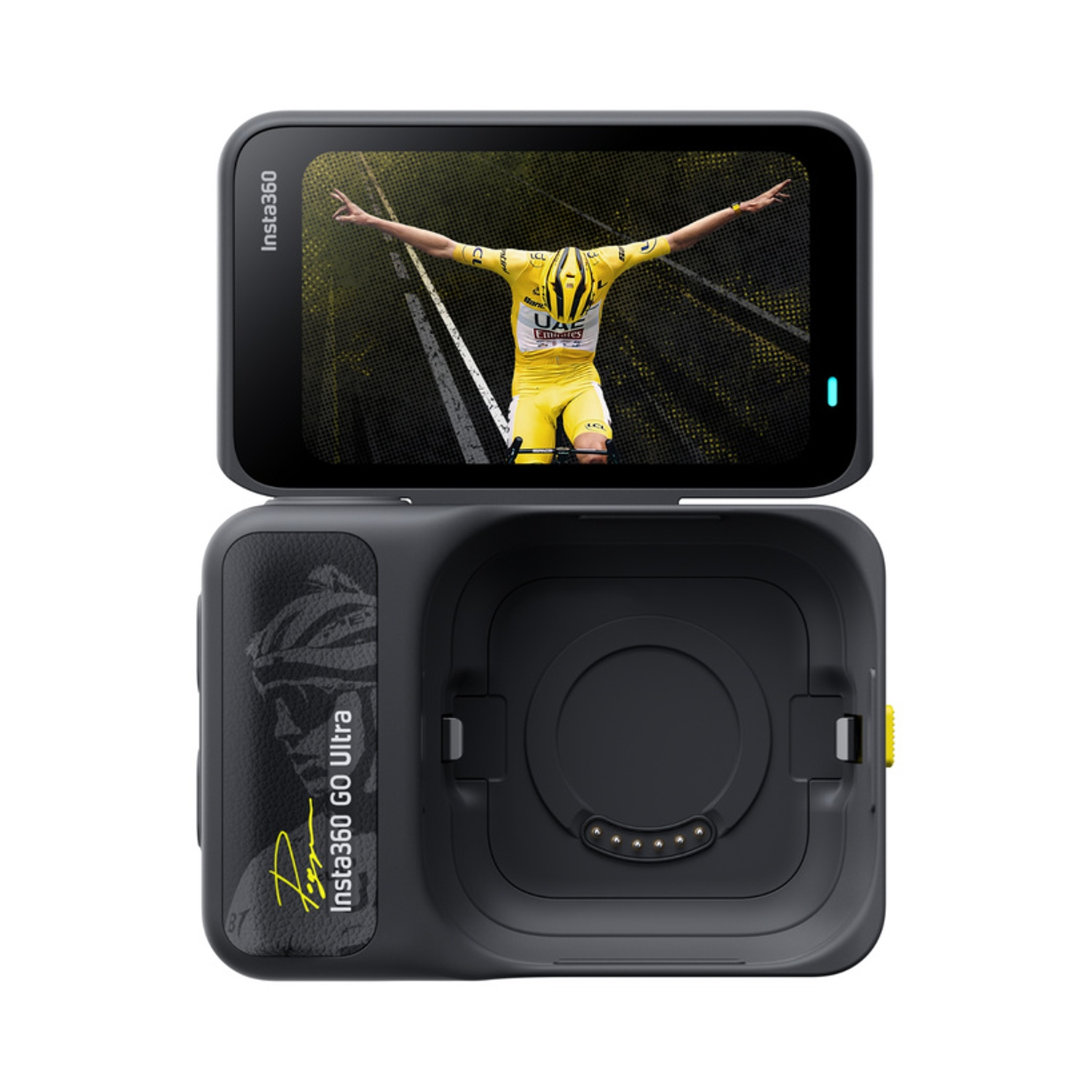 Una fotocamera Insta360 GO Ultra nera che mostra un ciclista in giallo sul suo schermo.