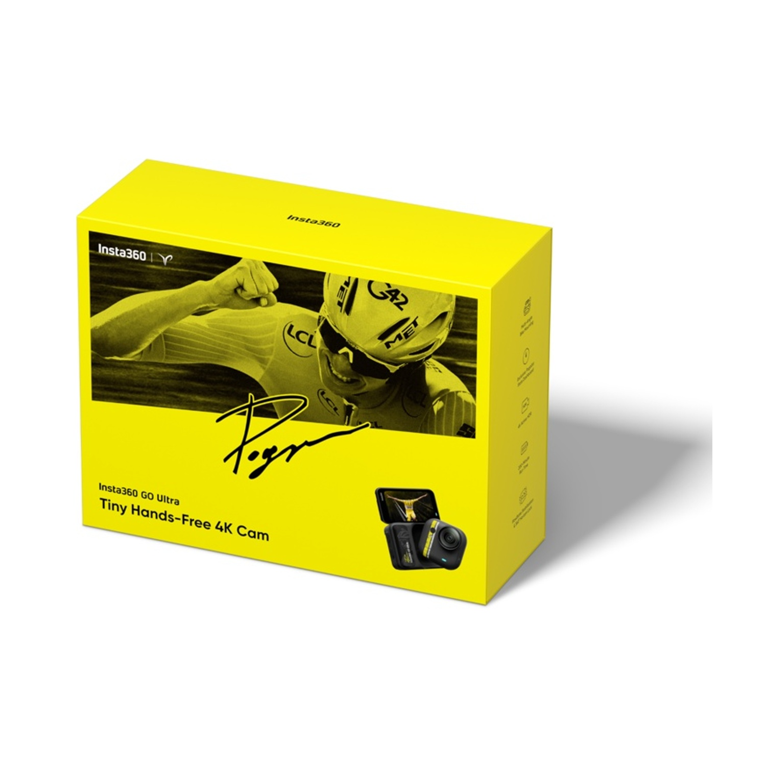 Scatola gialla Insta360 Go Ultra 4K Cam con immagine di ciclista e dettagli.