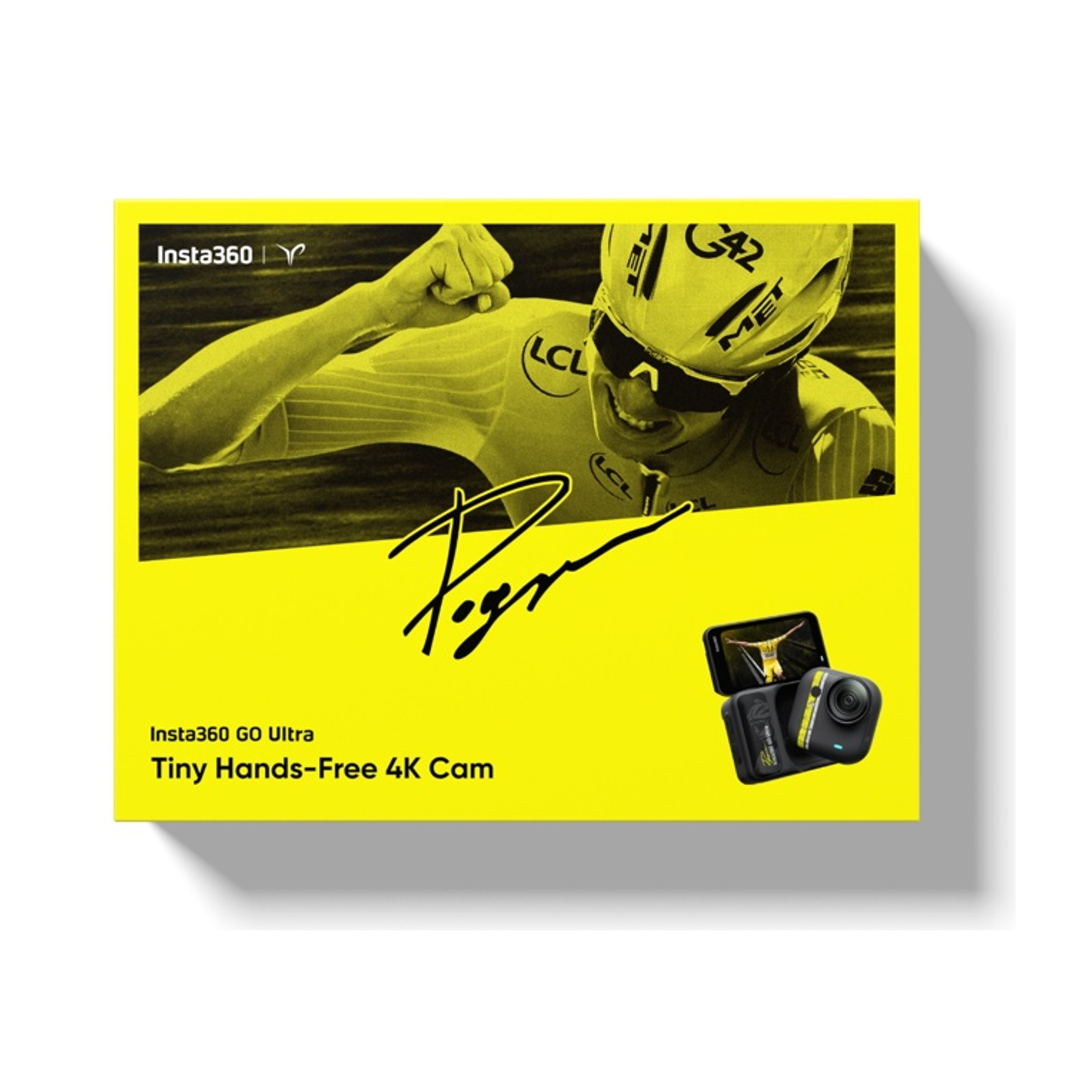 Scatola Insta360 GO Ultra con immagine di ciclista e piccola telecamera 4K.